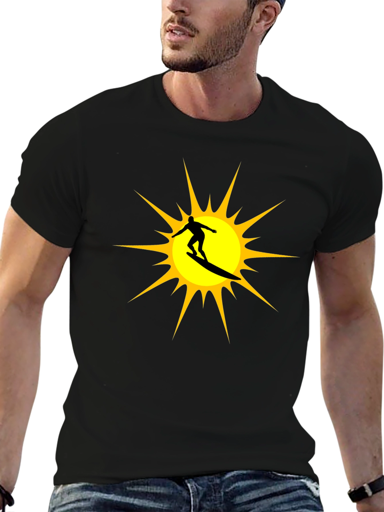 Surfer Sun Graphic Tee - Black Cotton T-Shirt