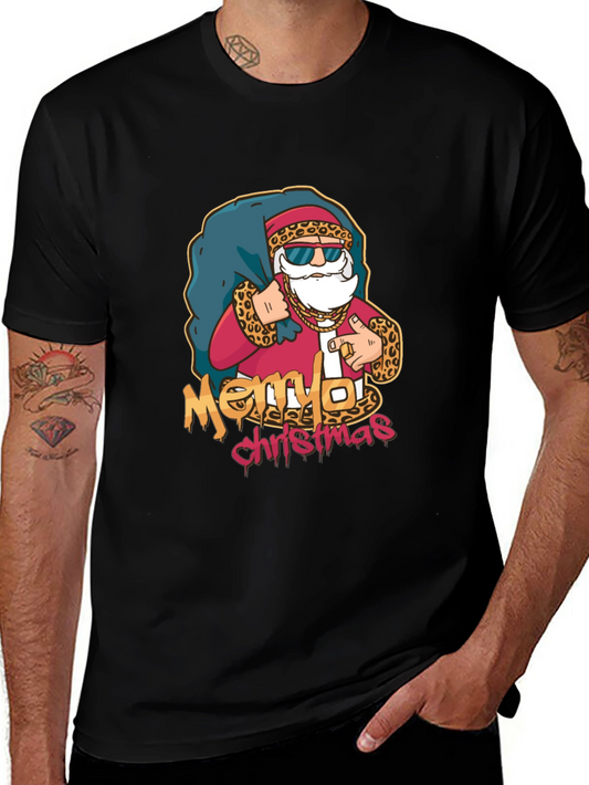 Cool Santa Merry Christmas Graphic Black T-Shirt