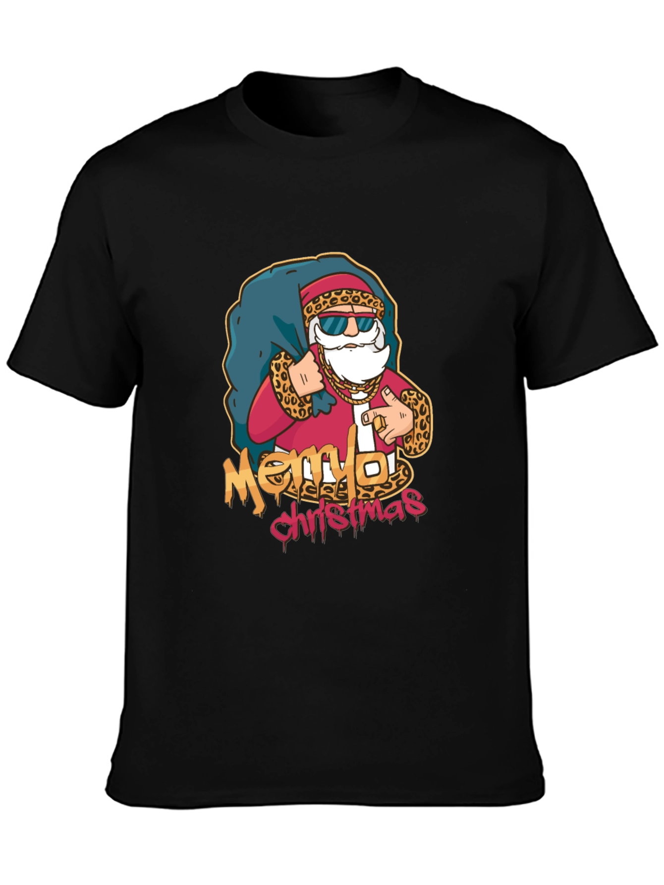 Cool Santa Merry Christmas Graphic Black T-Shirt