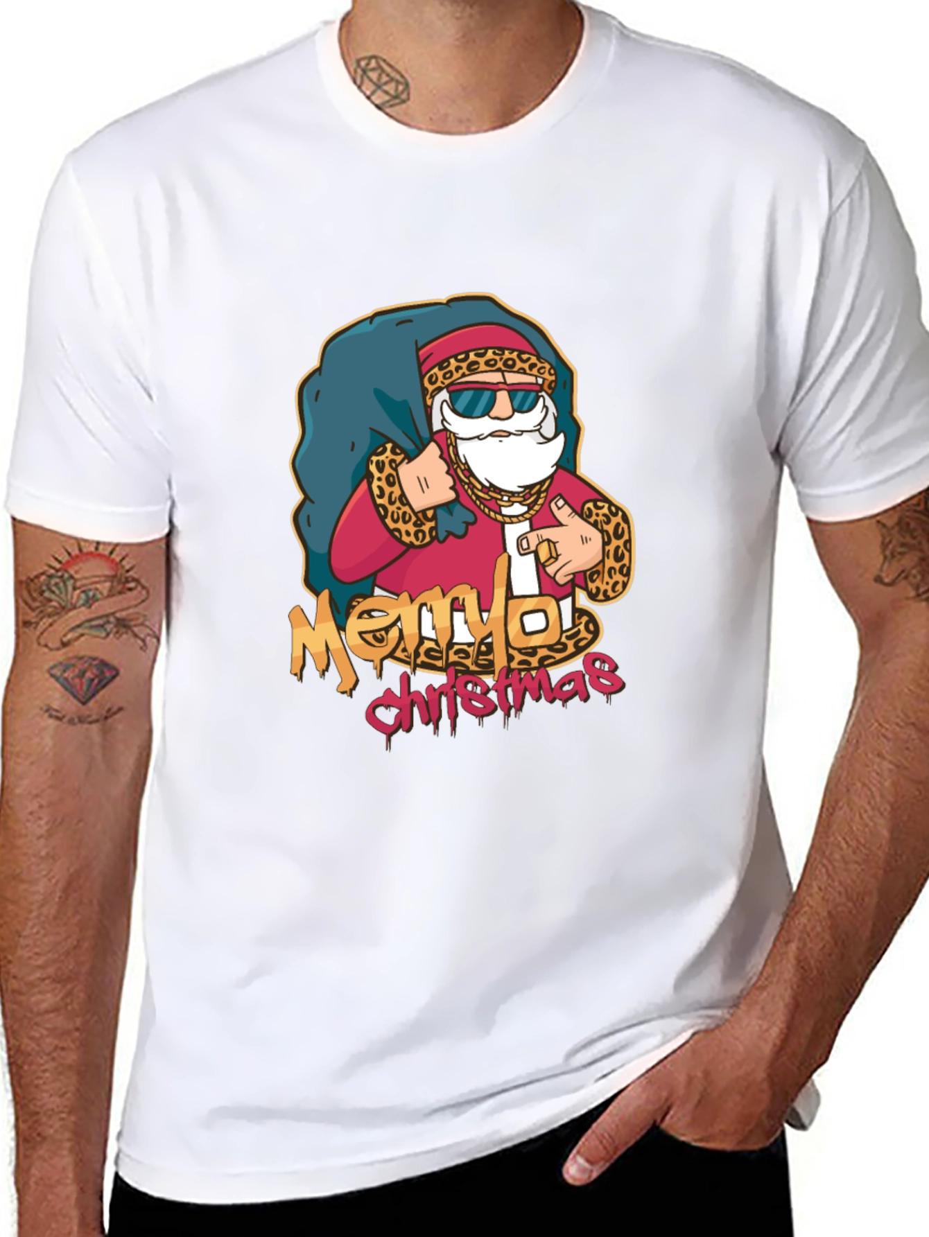 Cool Santa Merry Christmas Graphic Black T-Shirt