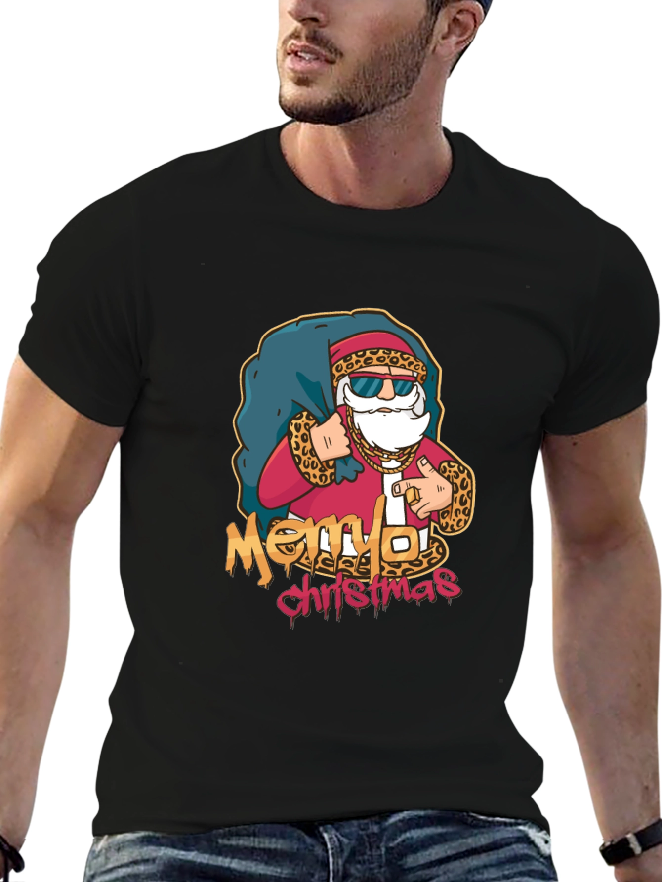 Cool Santa Merry Christmas Graphic Black T-Shirt