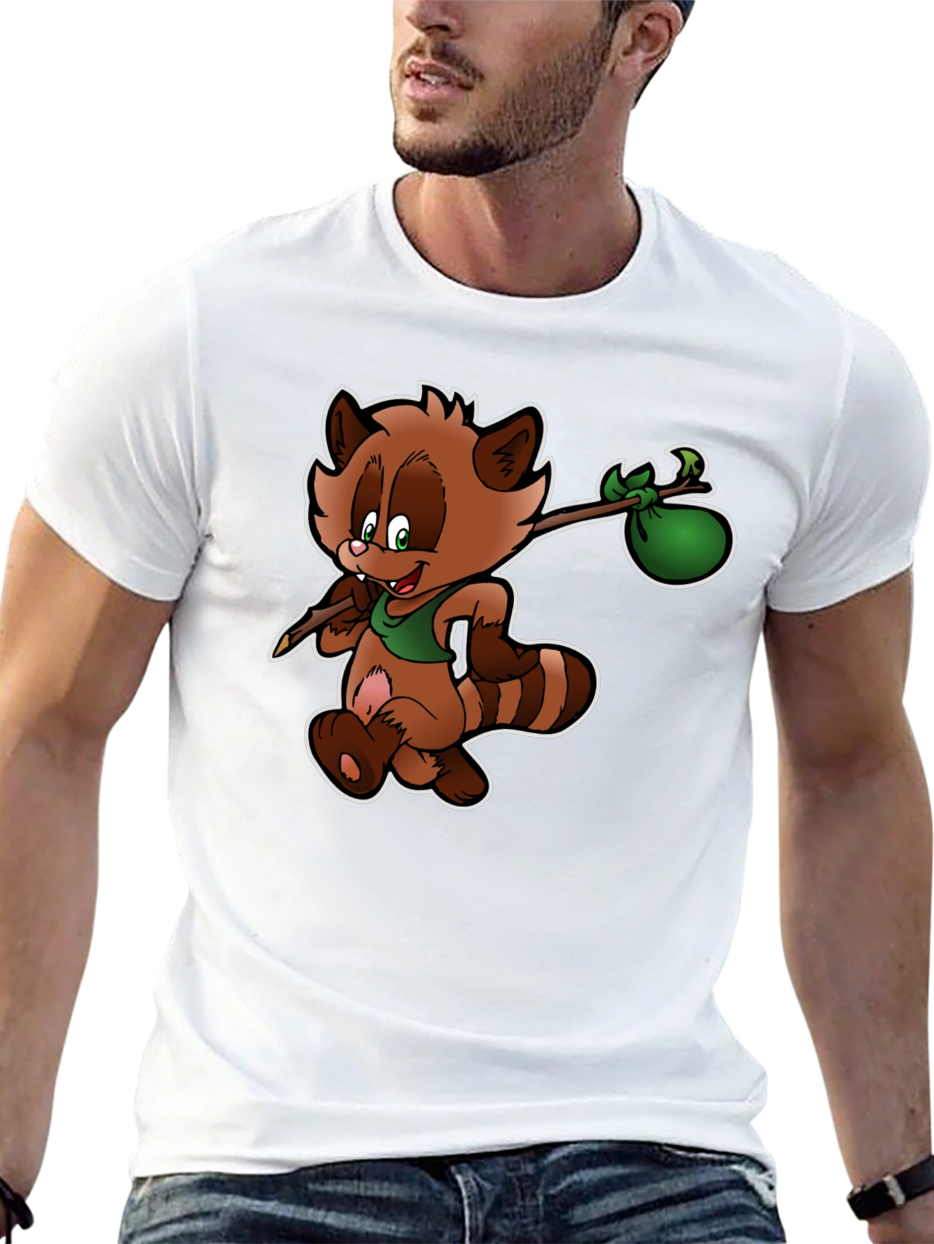 Cartoon Raccoon T-Shirt - Black Cotton Tee