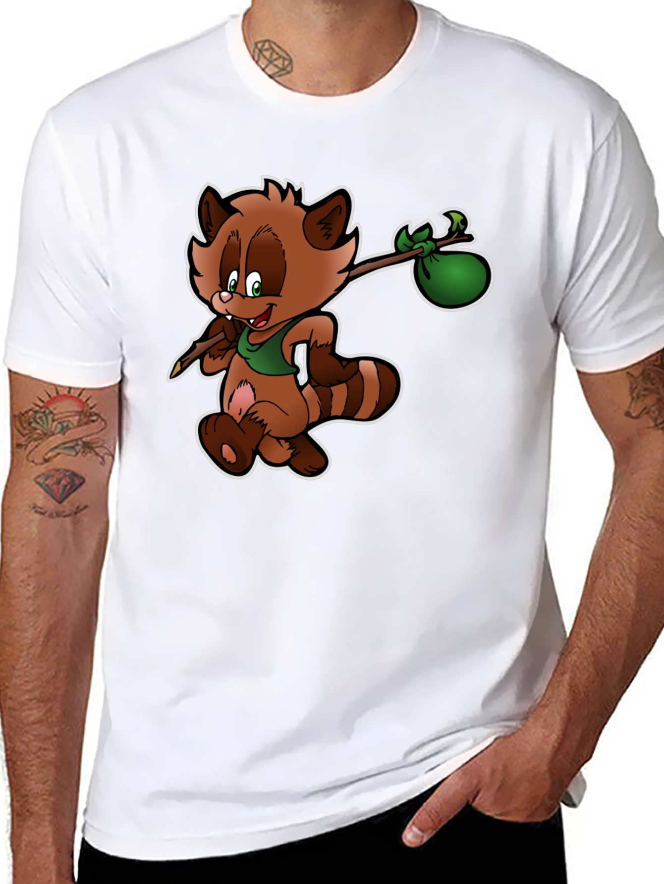 Cartoon Raccoon T-Shirt - Black Cotton Tee