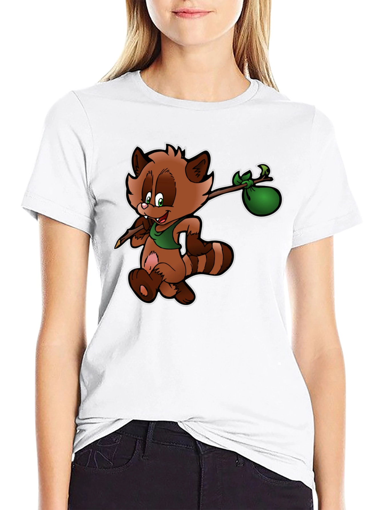 Cartoon Raccoon T-Shirt - Black Cotton Tee