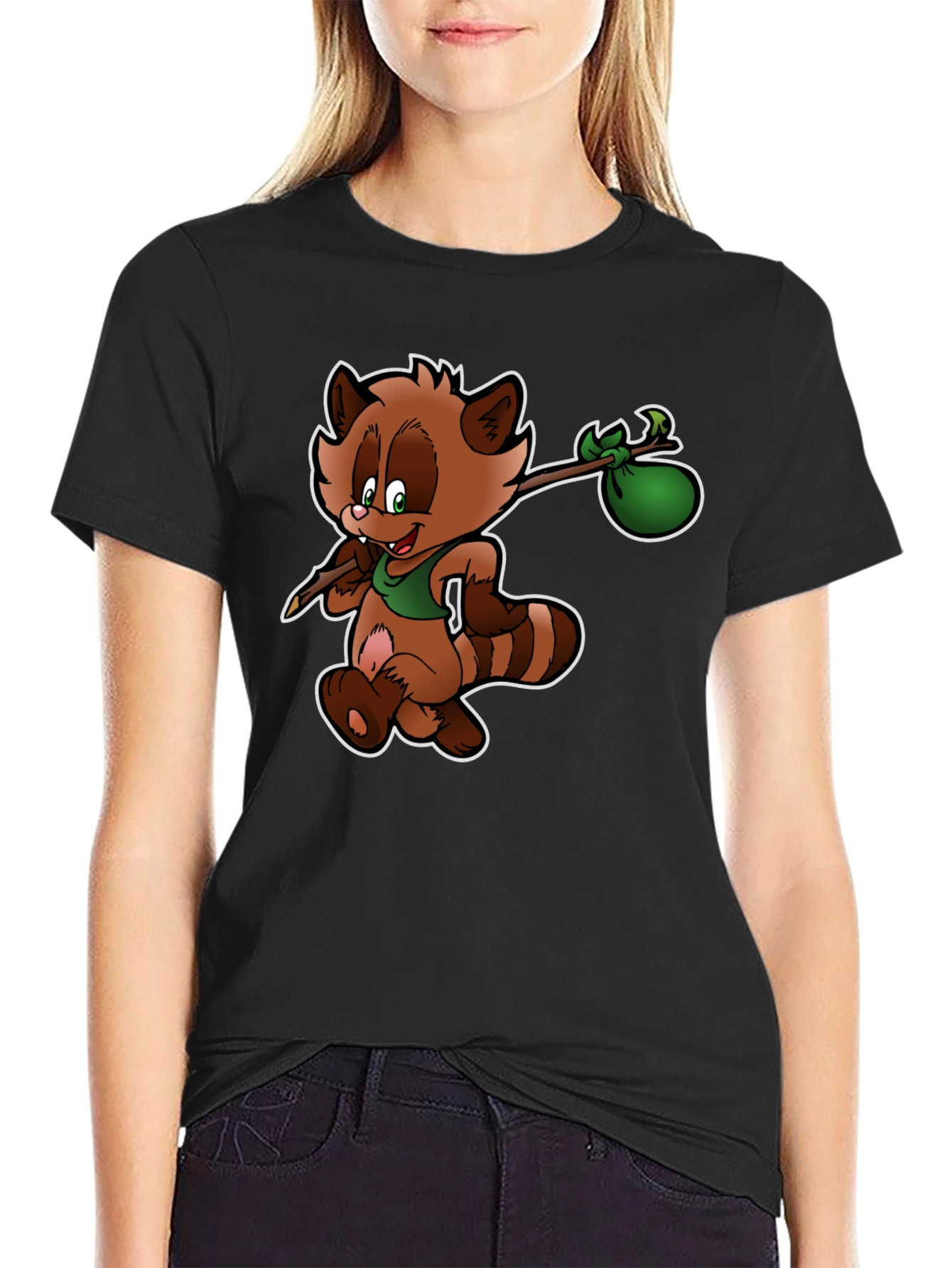 Cartoon Raccoon T-Shirt - Black Cotton Tee