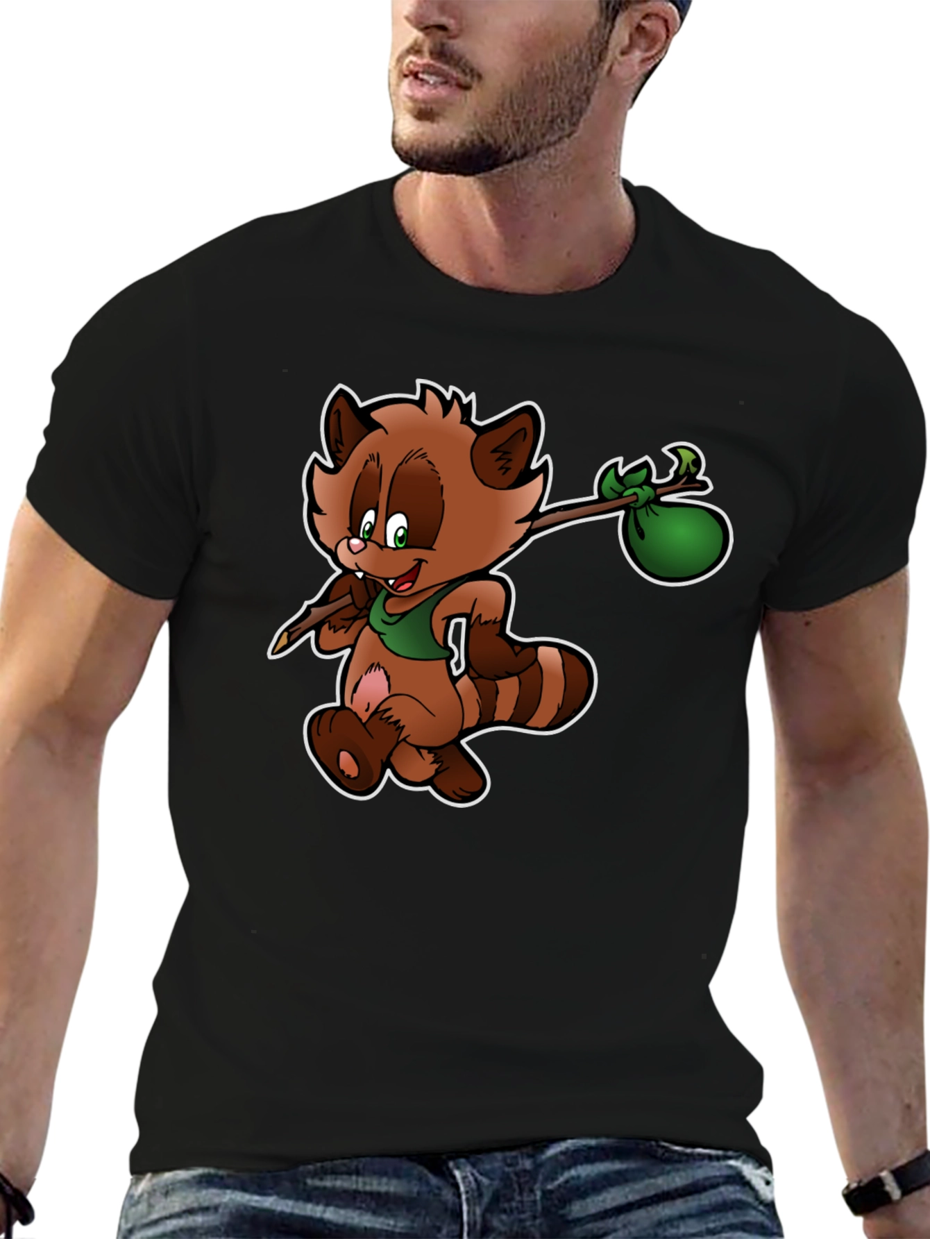 Cartoon Raccoon T-Shirt - Black Cotton Tee
