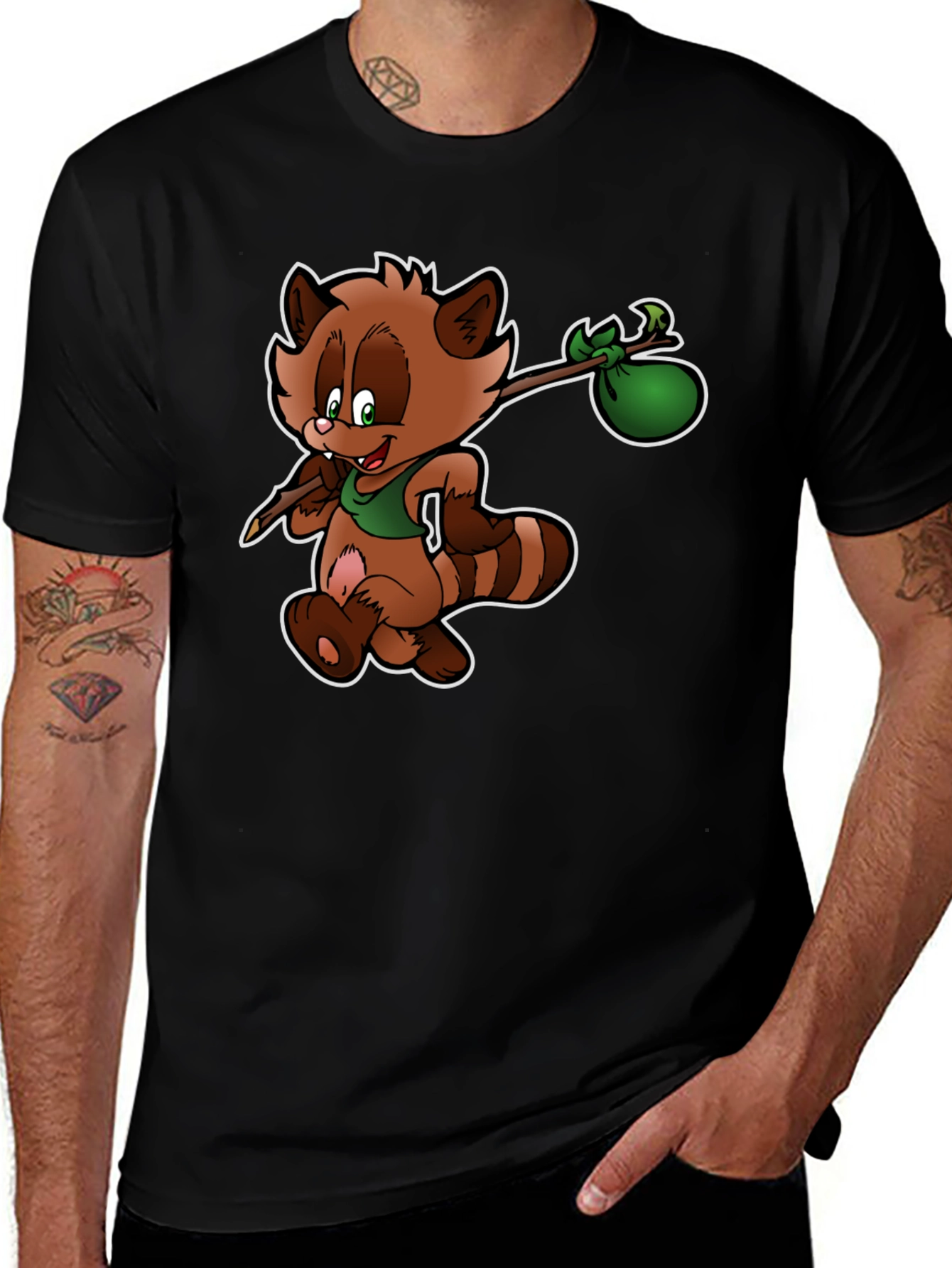 Cartoon Raccoon T-Shirt - Black Cotton Tee
