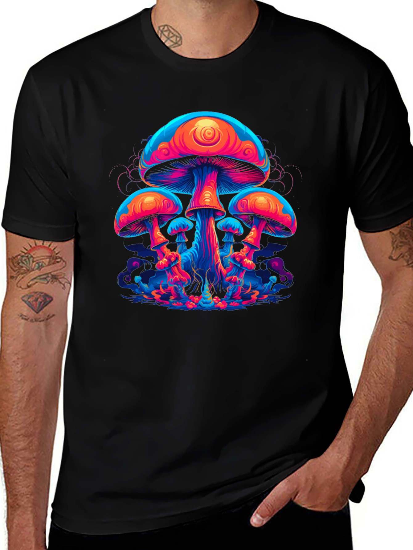 Neon Mushroom Graphic Tee - Psychedelic Black T-Shirt
