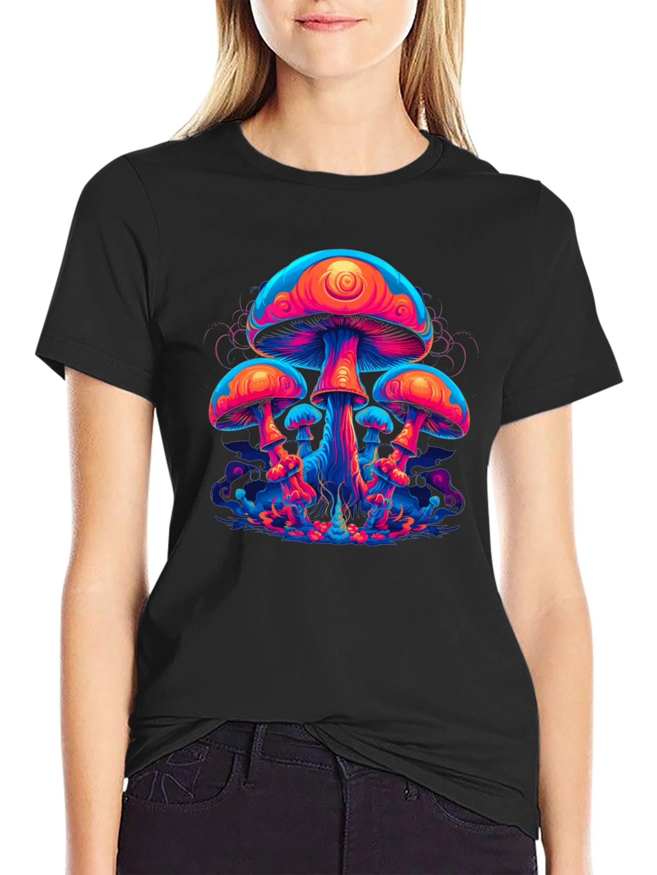 Neon Mushroom Graphic Tee - Psychedelic Black T-Shirt