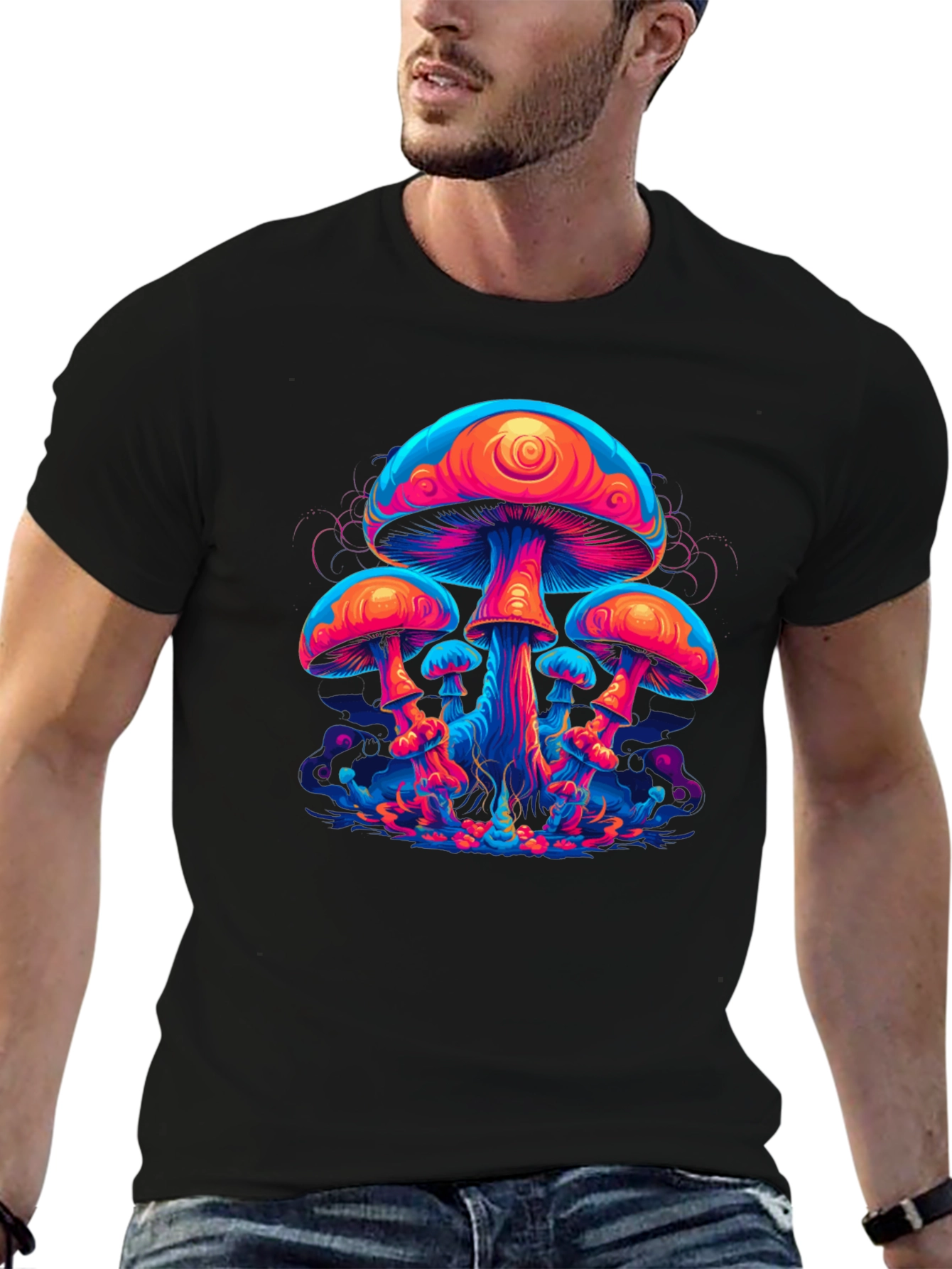 Neon Mushroom Graphic Tee - Psychedelic Black T-Shirt