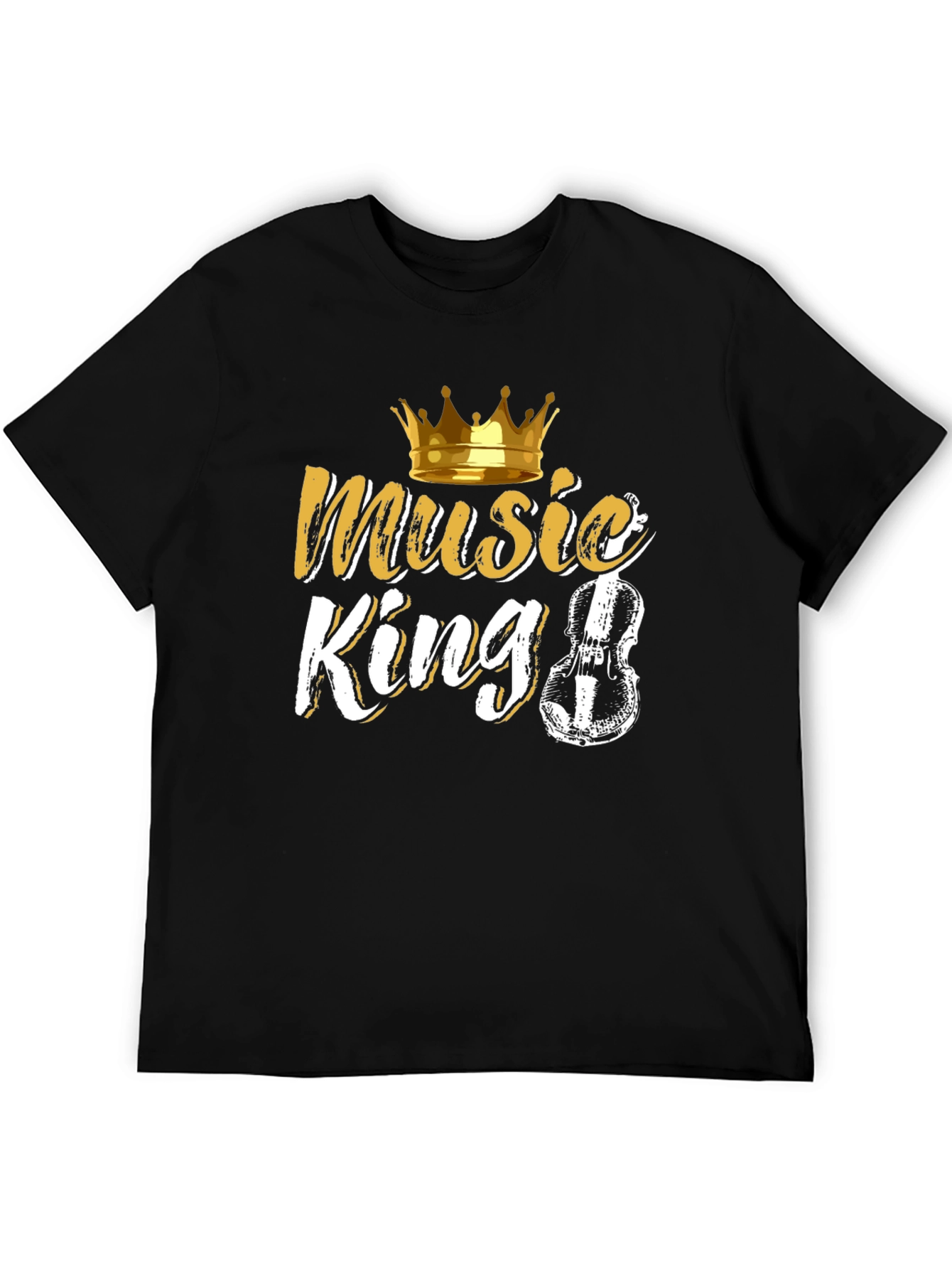 Music King Black T-Shirt with Crown and Violin Design