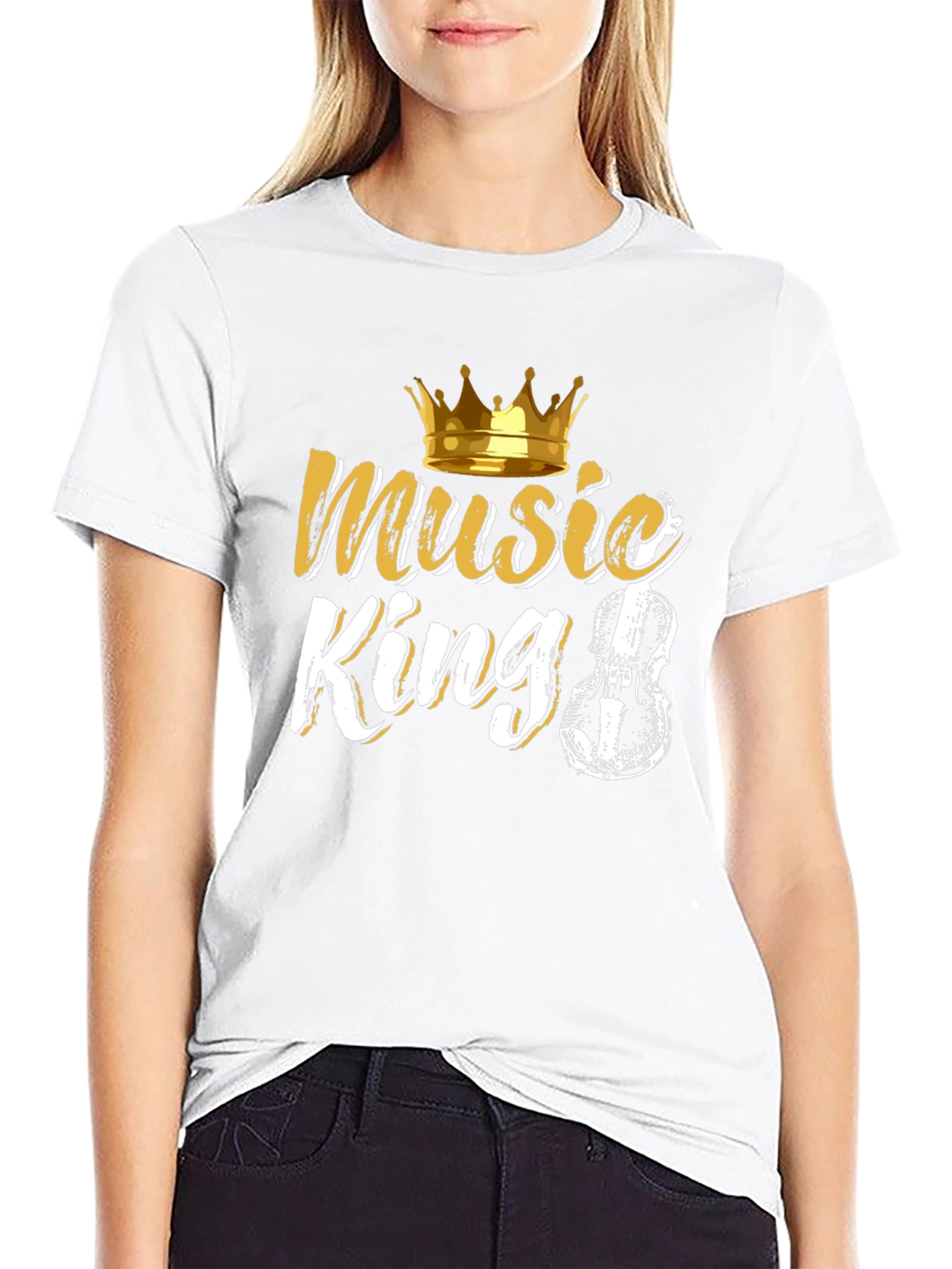 Music King Black T-Shirt with Crown and Violin Design