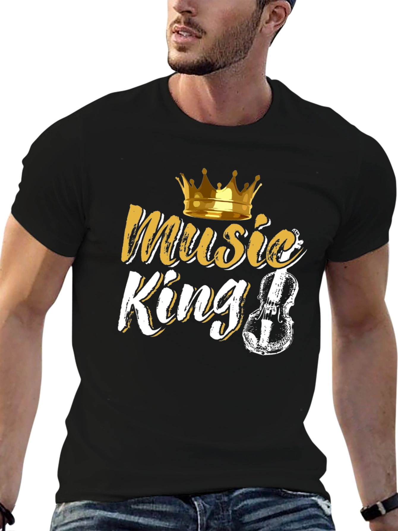 Music King Black T-Shirt with Crown and Violin Design