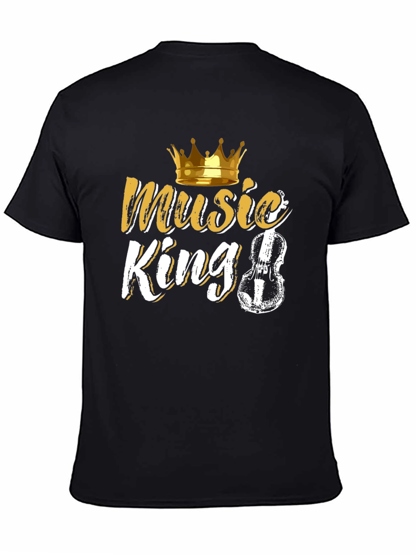 Music King Black T-Shirt with Crown and Violin Design