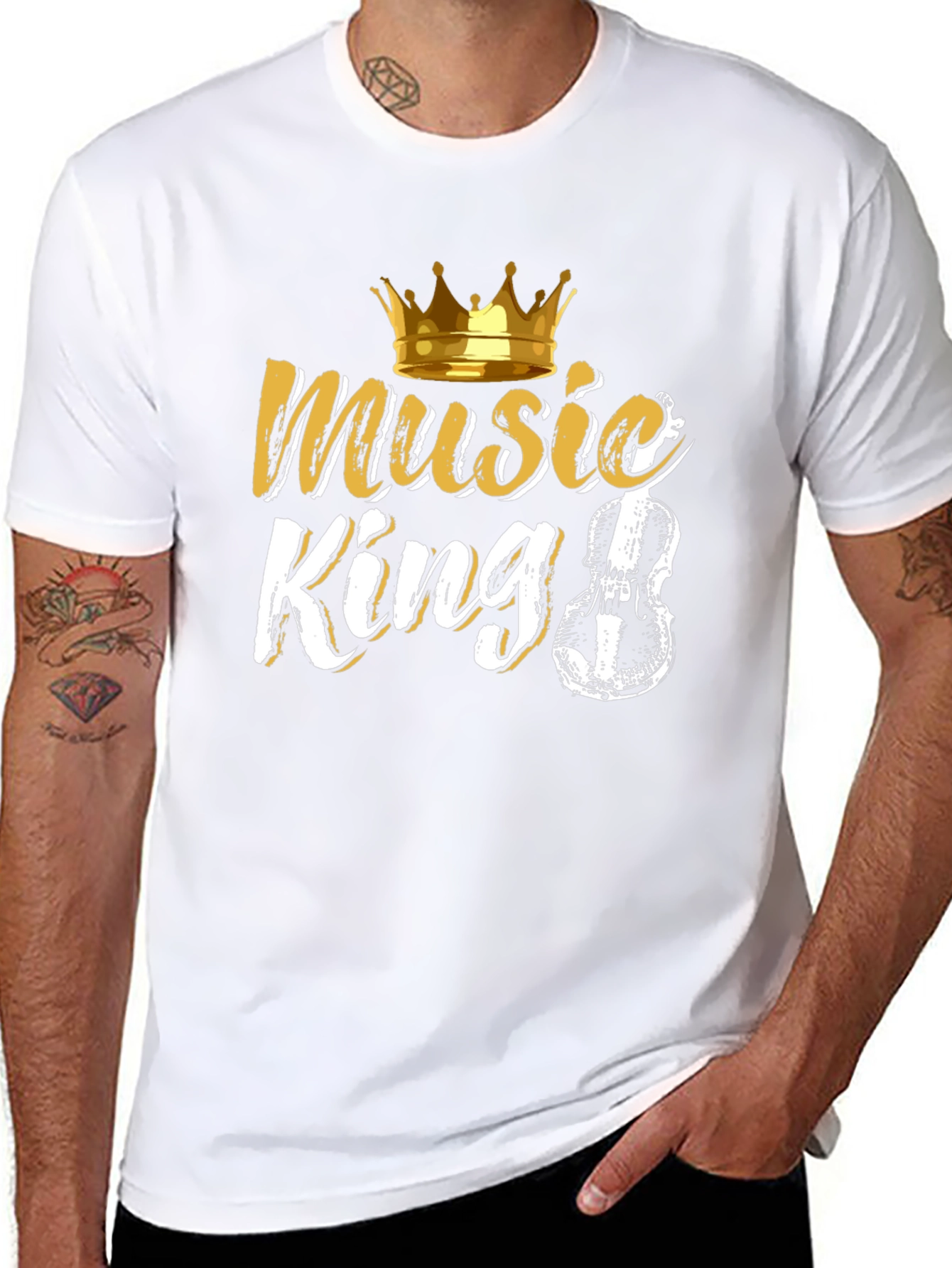 Music King Black T-Shirt with Crown and Violin Design