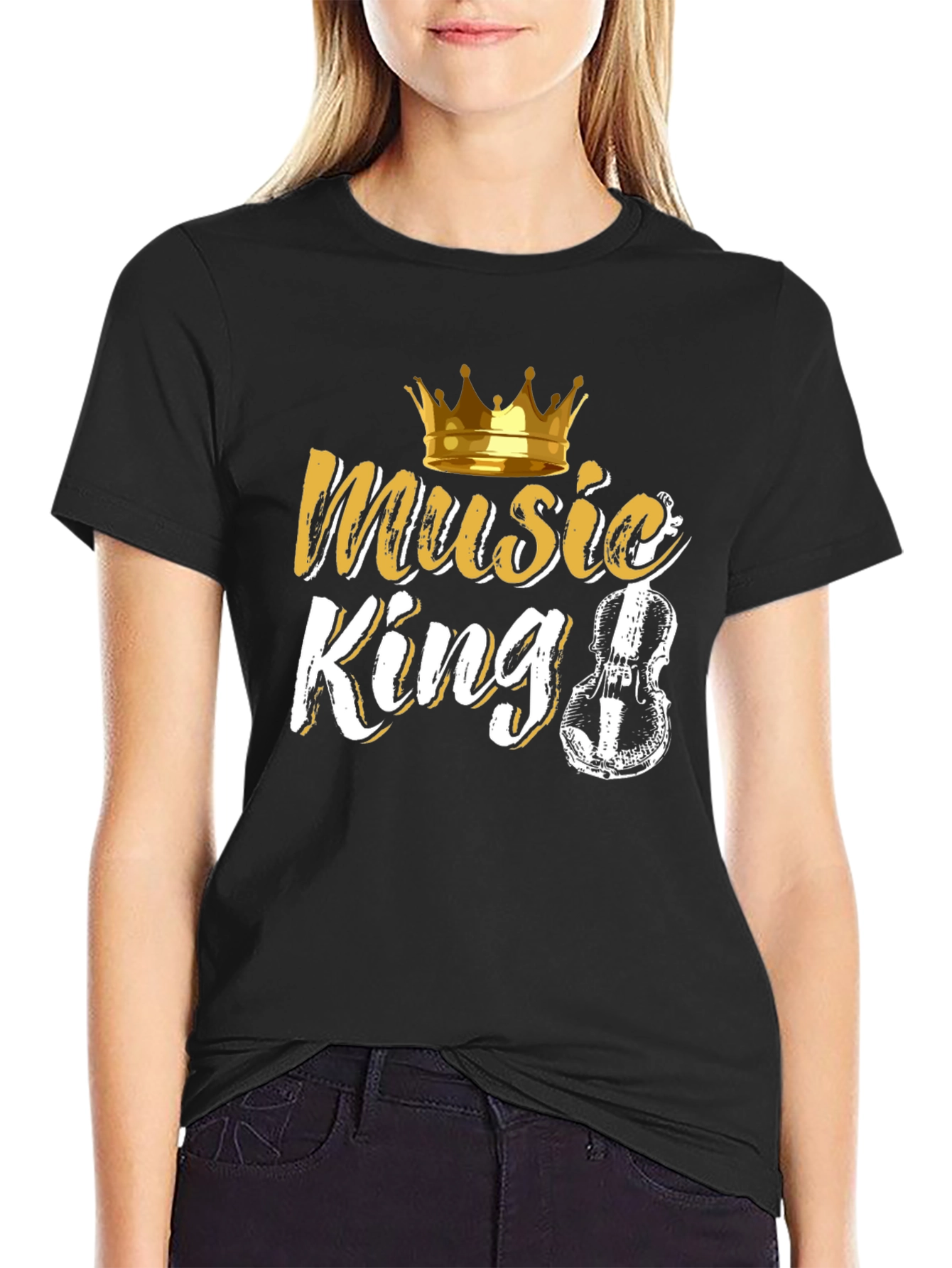 Music King Black T-Shirt with Crown and Violin Design