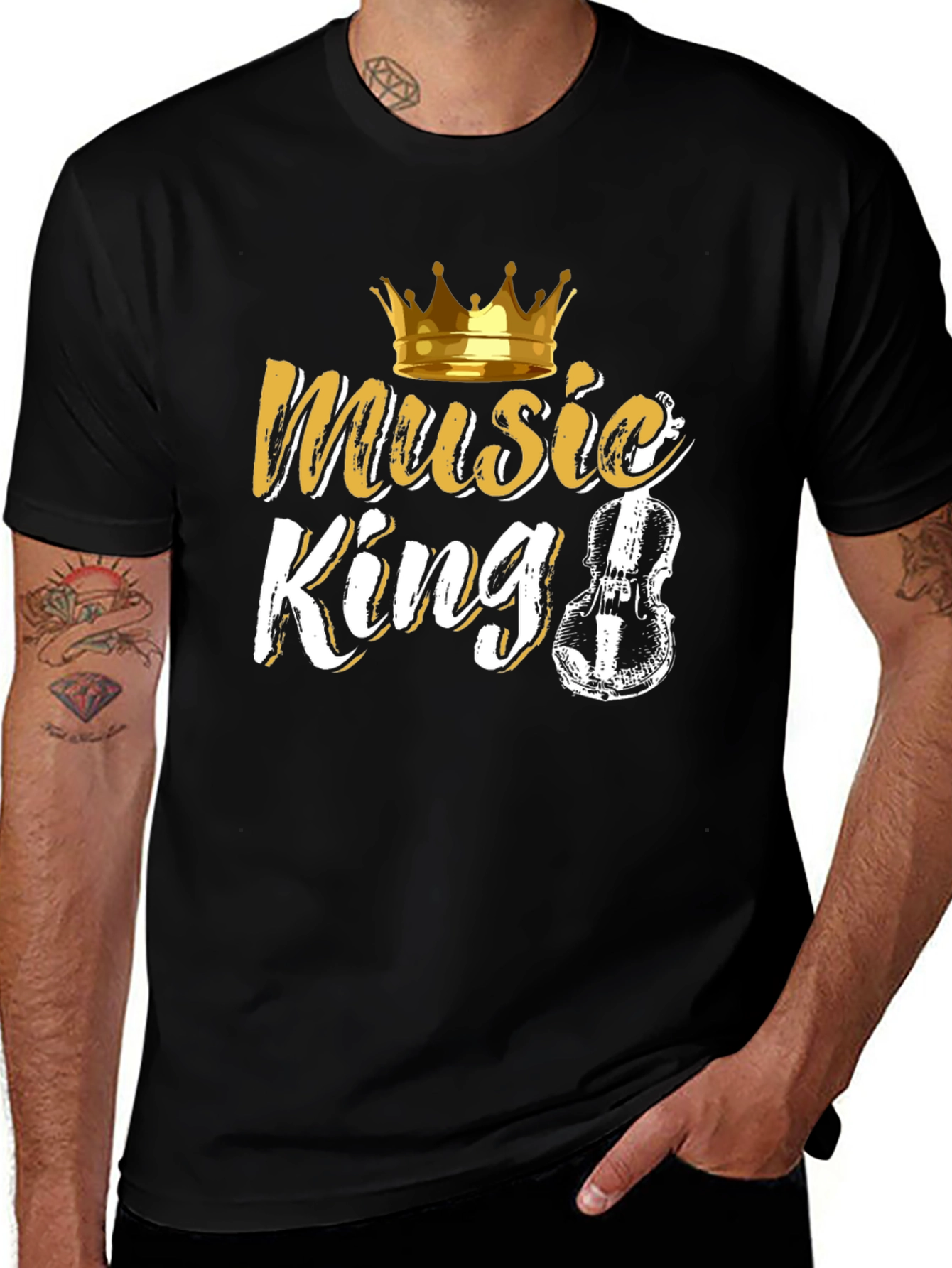 Music King Black T-Shirt with Crown and Violin Design