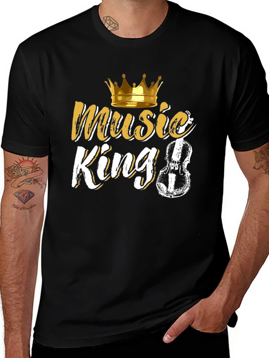 Music King Black T-Shirt with Crown and Violin Design