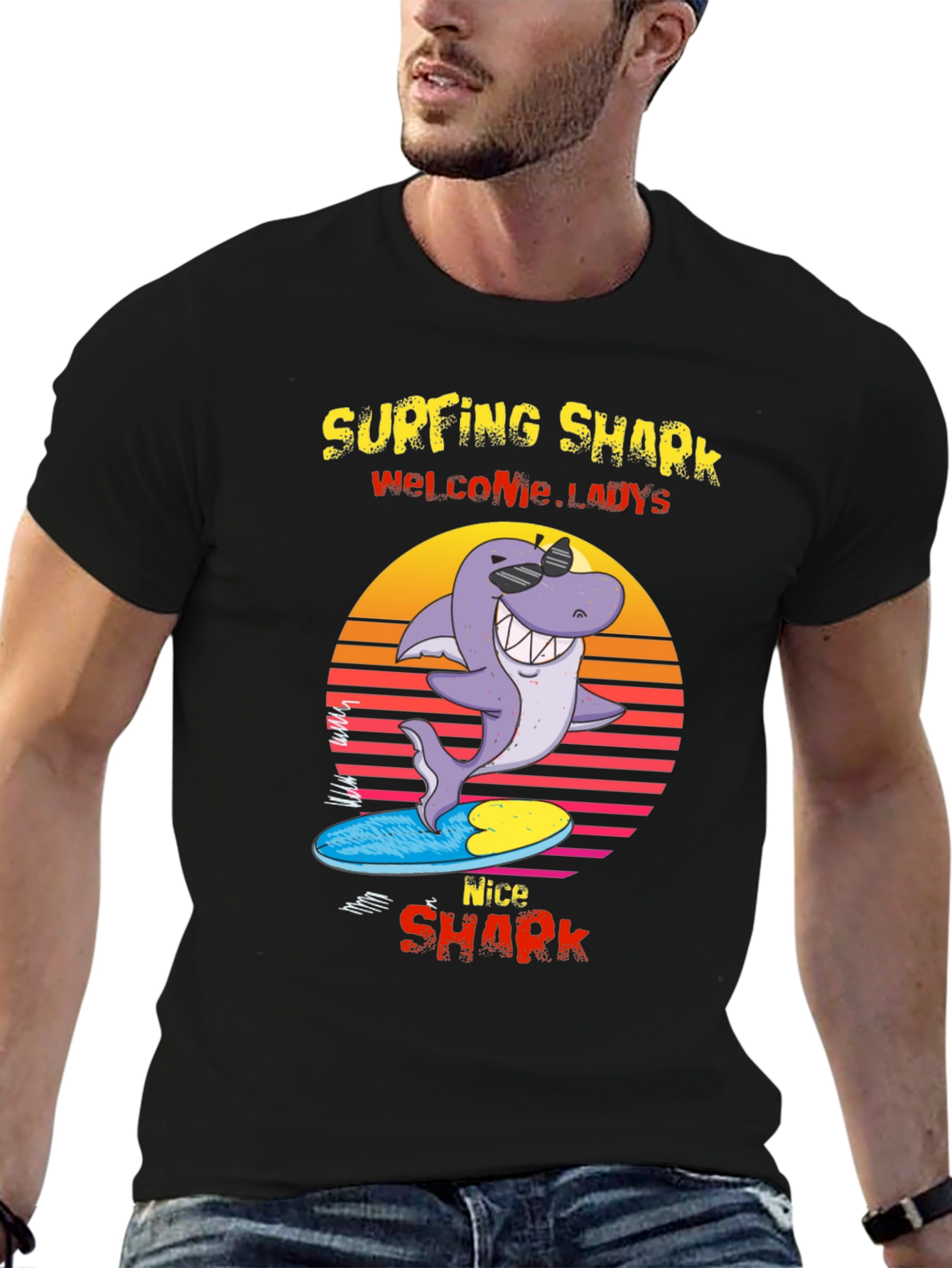 Surfing Shark Graphic Tee - Welcome Ladies Nice Shark