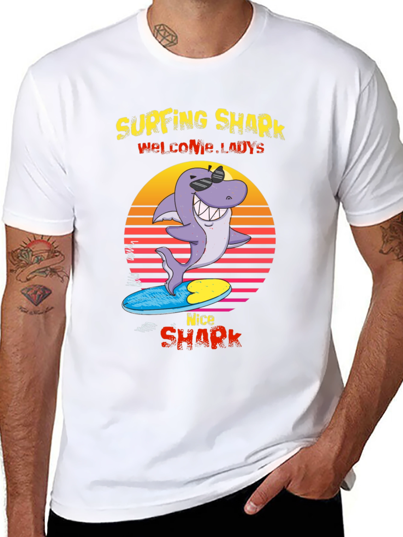 Surfing Shark Graphic Tee - Welcome Ladies Nice Shark