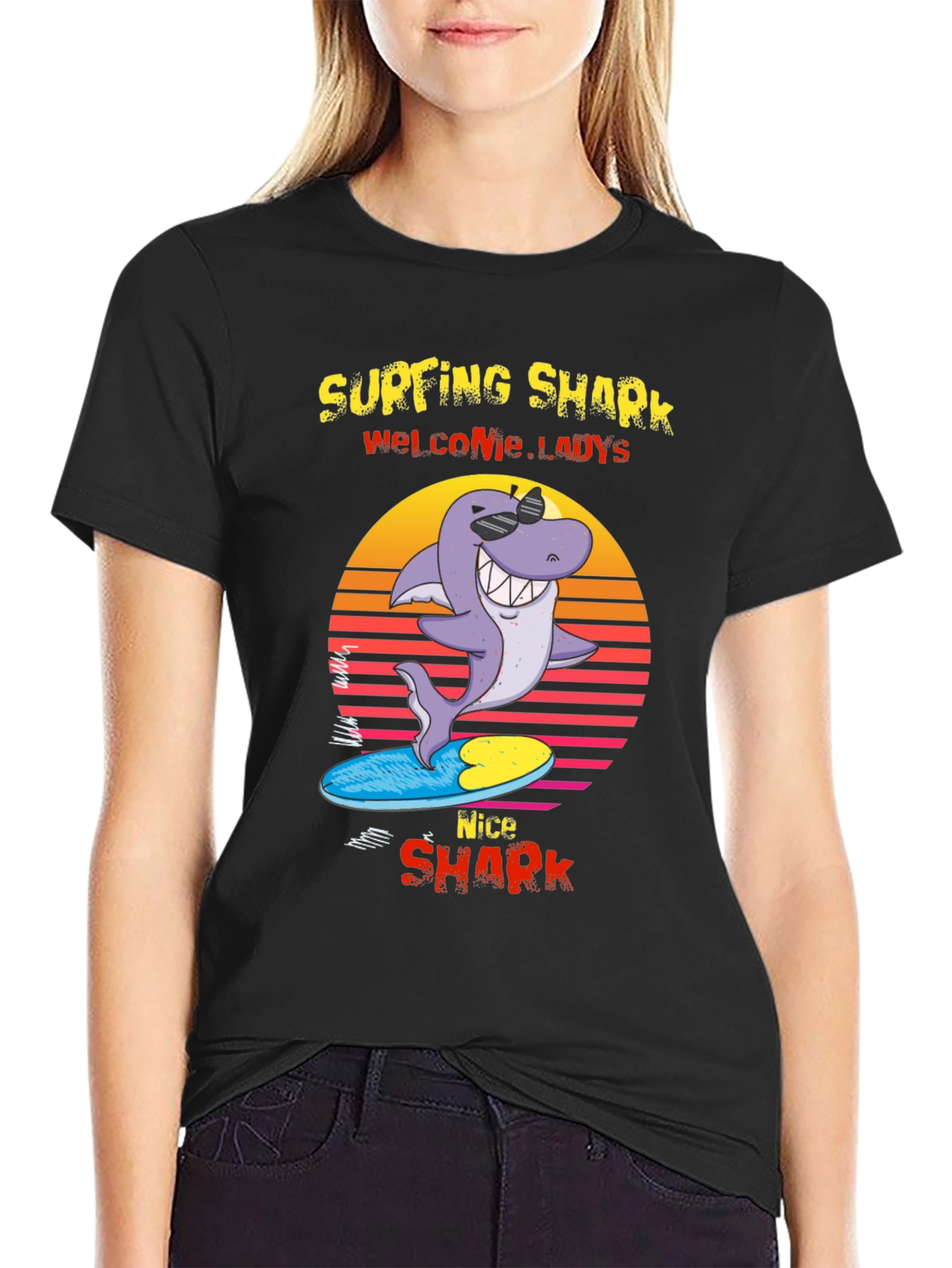 Surfing Shark Graphic Tee - Welcome Ladies Nice Shark