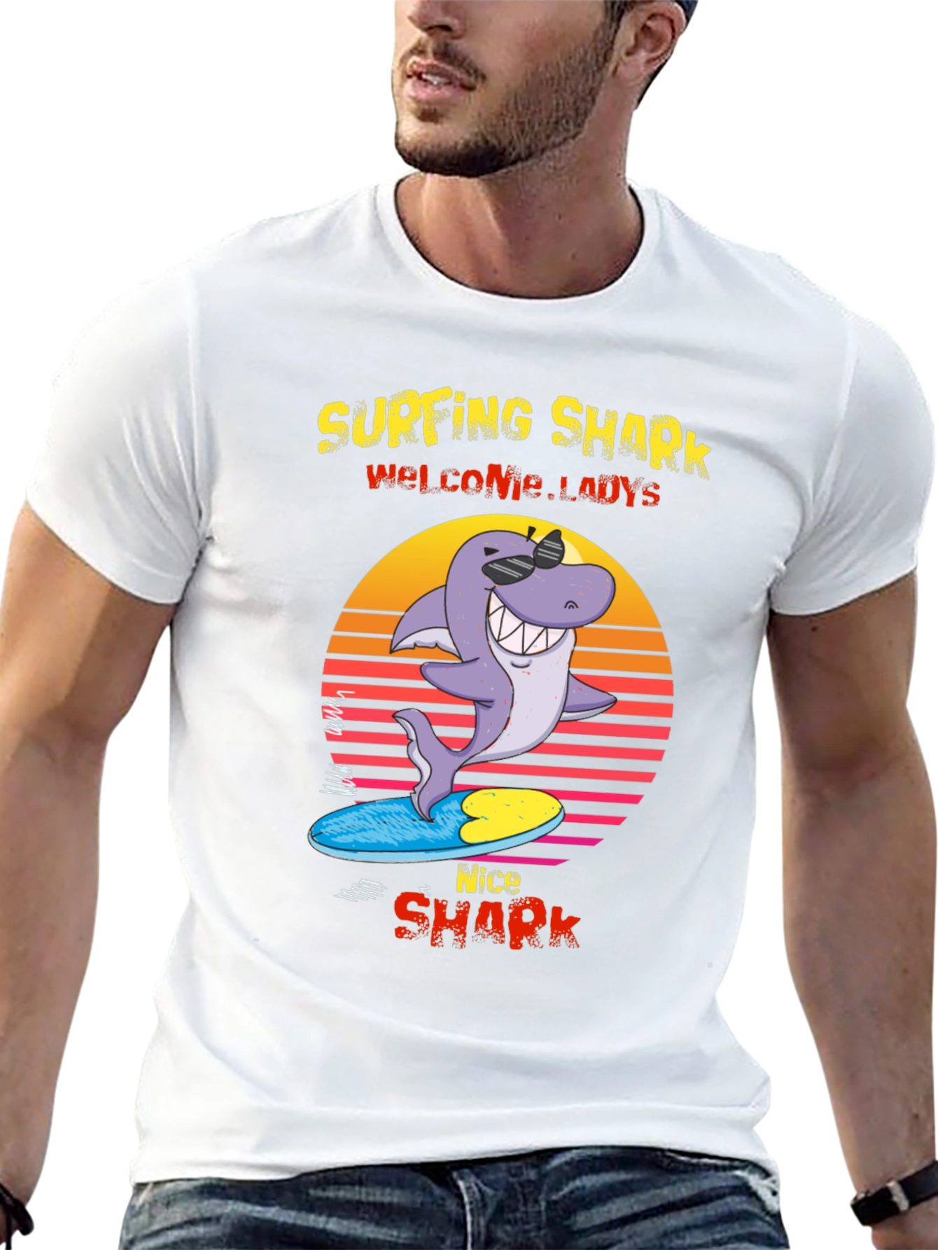 Surfing Shark Graphic Tee - Welcome Ladies Nice Shark