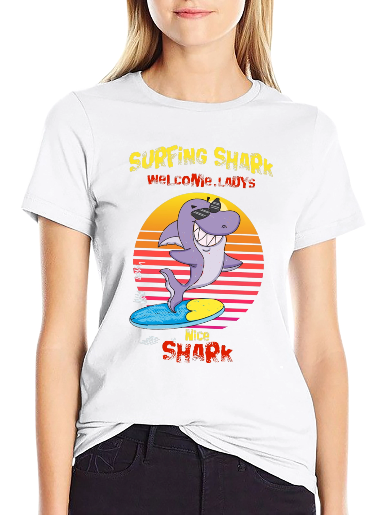 Surfing Shark Graphic Tee - Welcome Ladies Nice Shark
