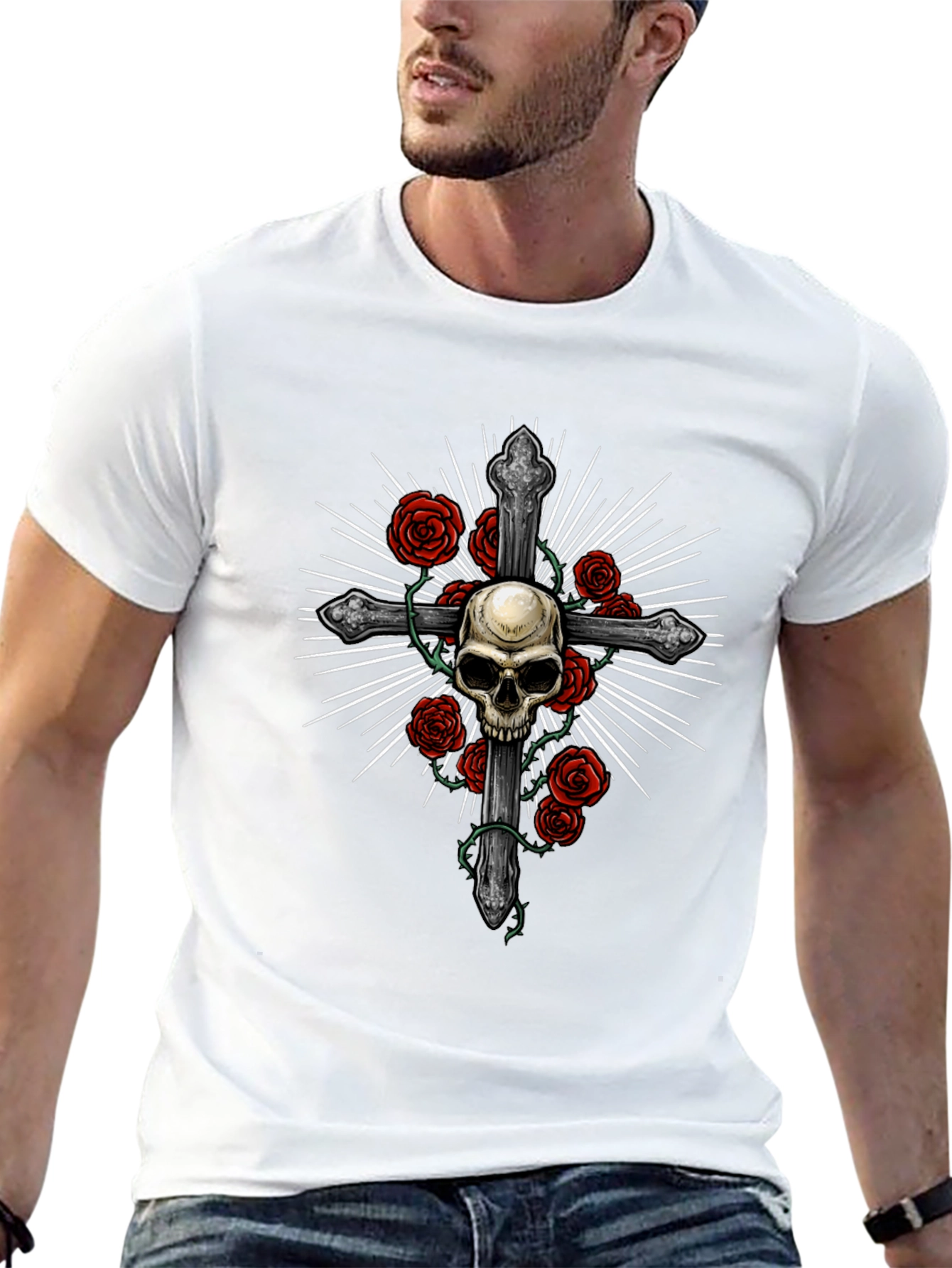 Skull & Roses Graphic Tee - Edgy Mens T-Shirt