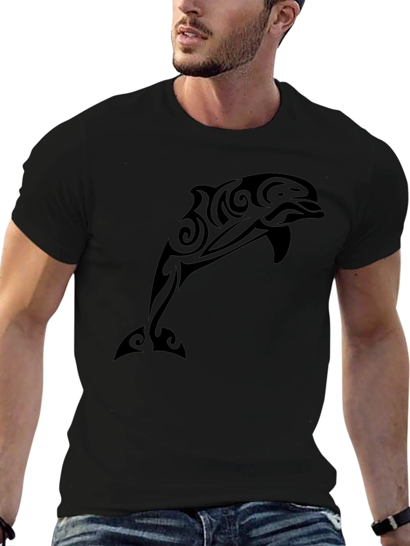 Tribal Dolphin Graphic Tee - Black Casual T-Shirt