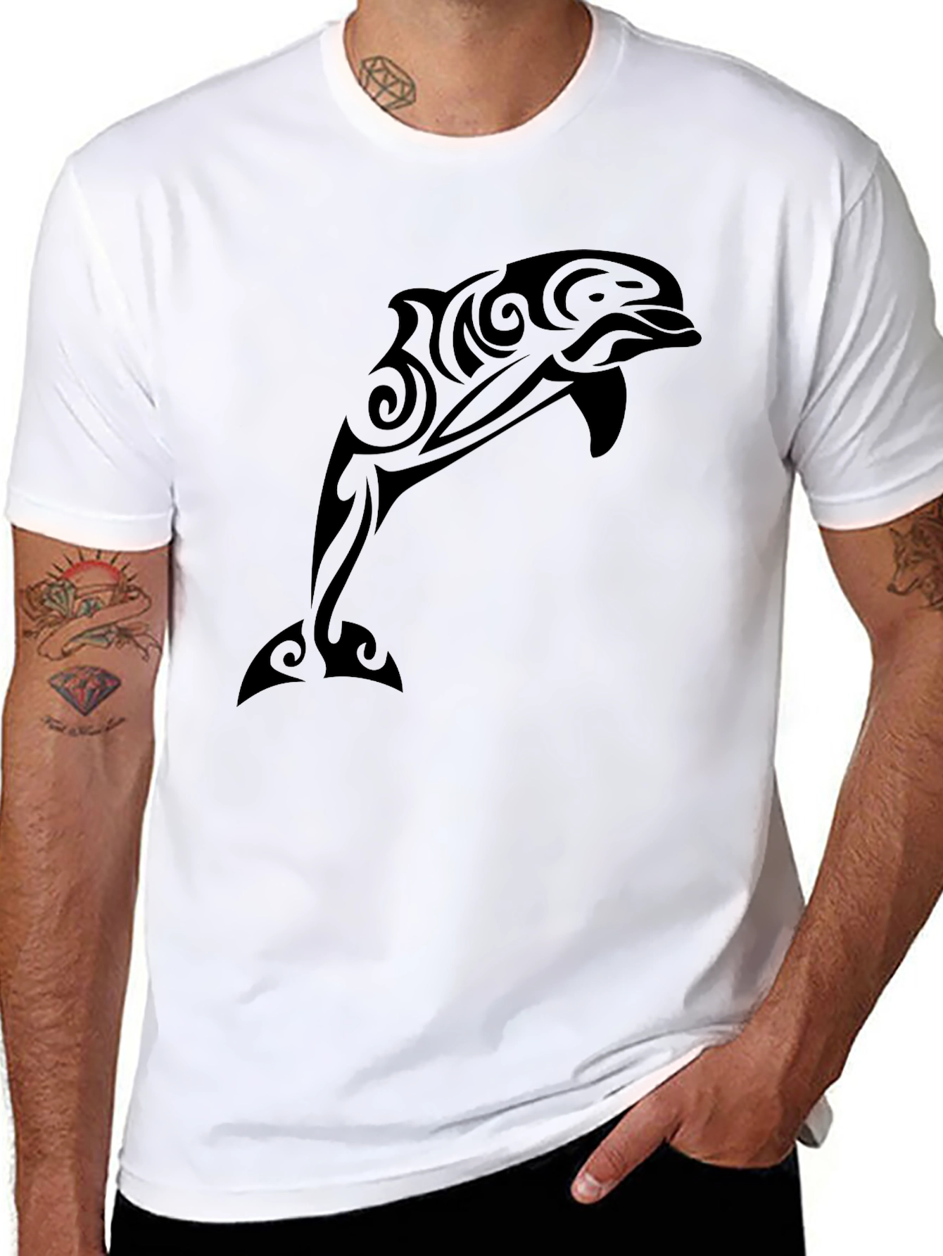 Tribal Dolphin Graphic Tee - Black Casual T-Shirt