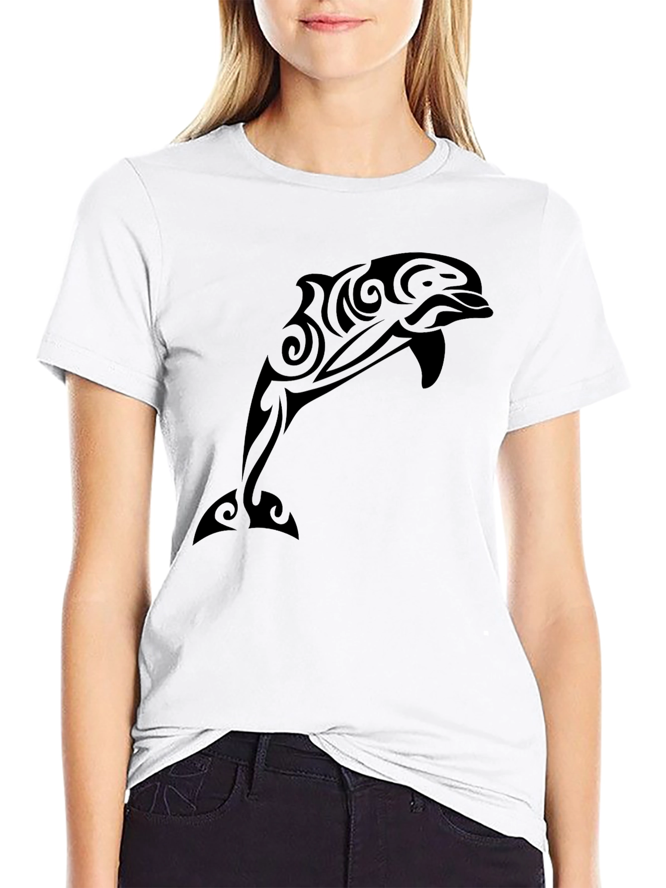 Tribal Dolphin Graphic Tee - Black Casual T-Shirt