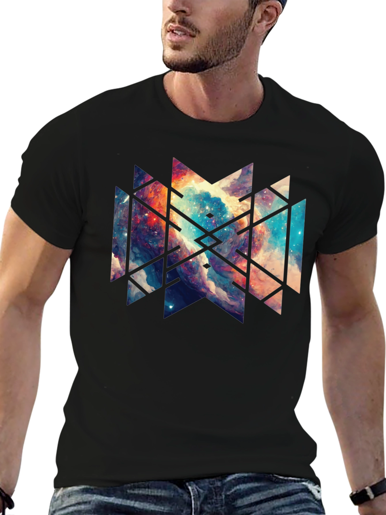 Geometric Galaxy Black Tee - Modern Graphic Design