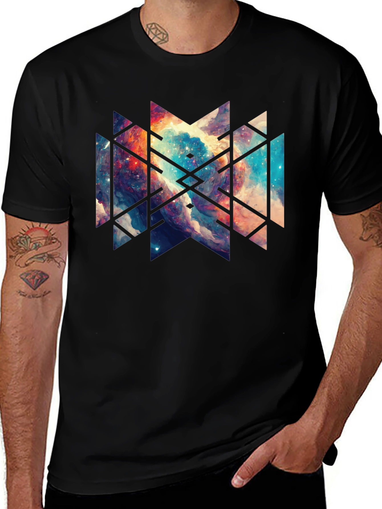 Geometric Galaxy Black Tee - Modern Graphic Design