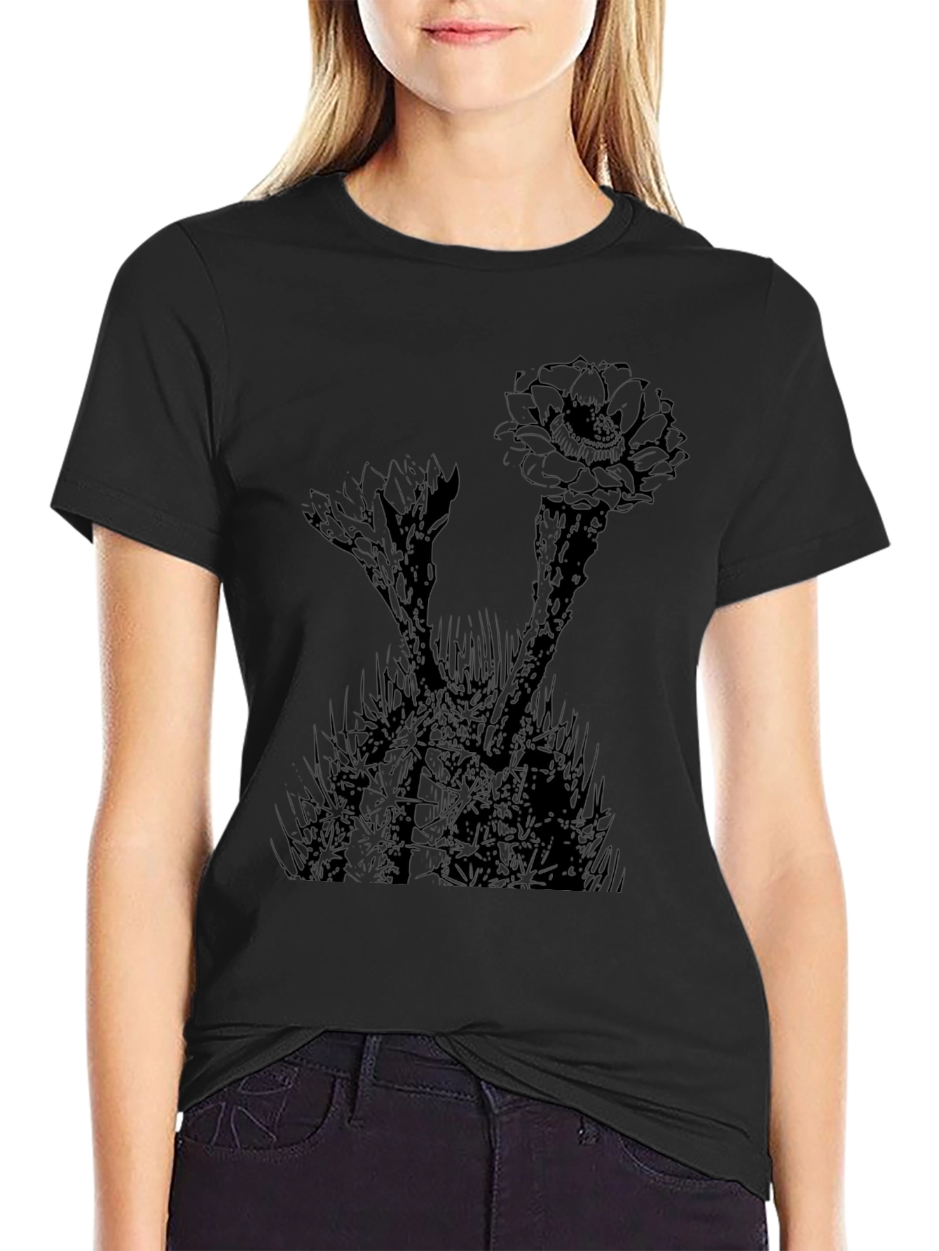 Cactus Flower Graphic Print Black T-Shirt