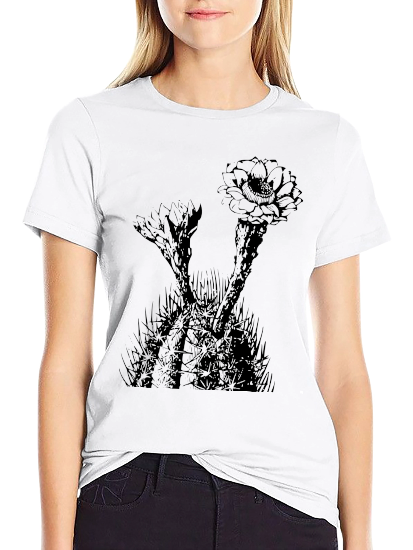 Cactus Flower Graphic Print Black T-Shirt