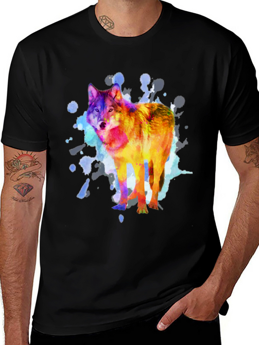 Watercolor Wolf Print Black T-Shirt