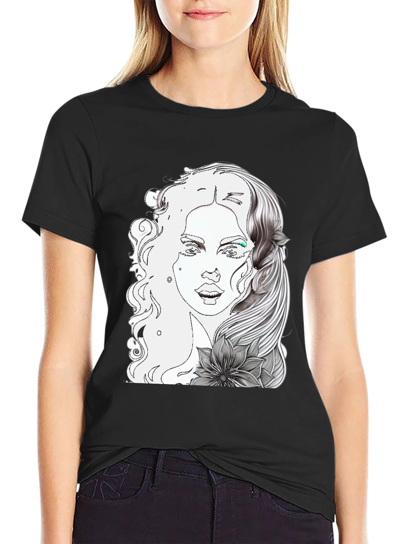Woman Portrait Graphic Tee - Cool Black T-Shirt