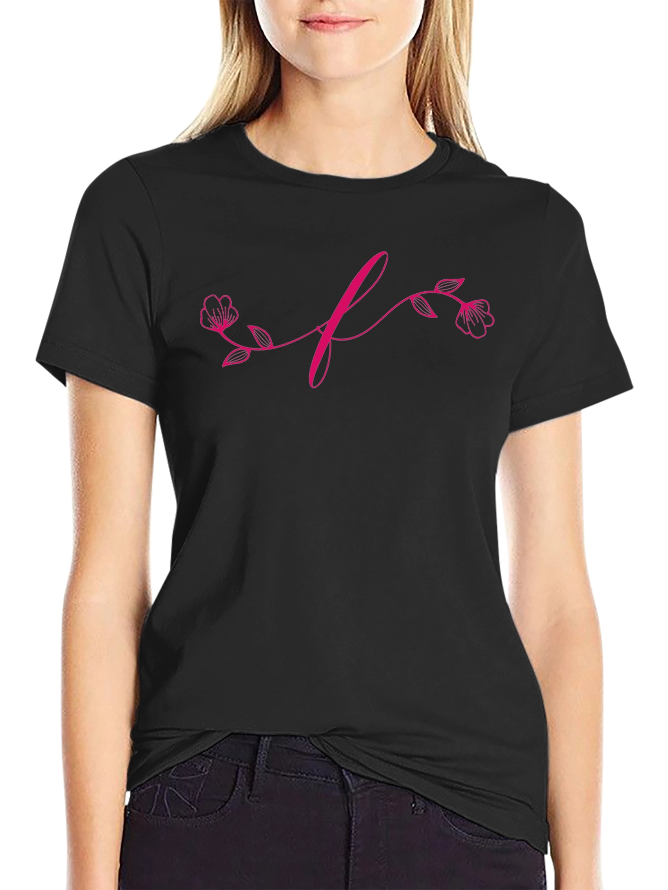 Floral Initial T-Shirt - Elegant Black Tee