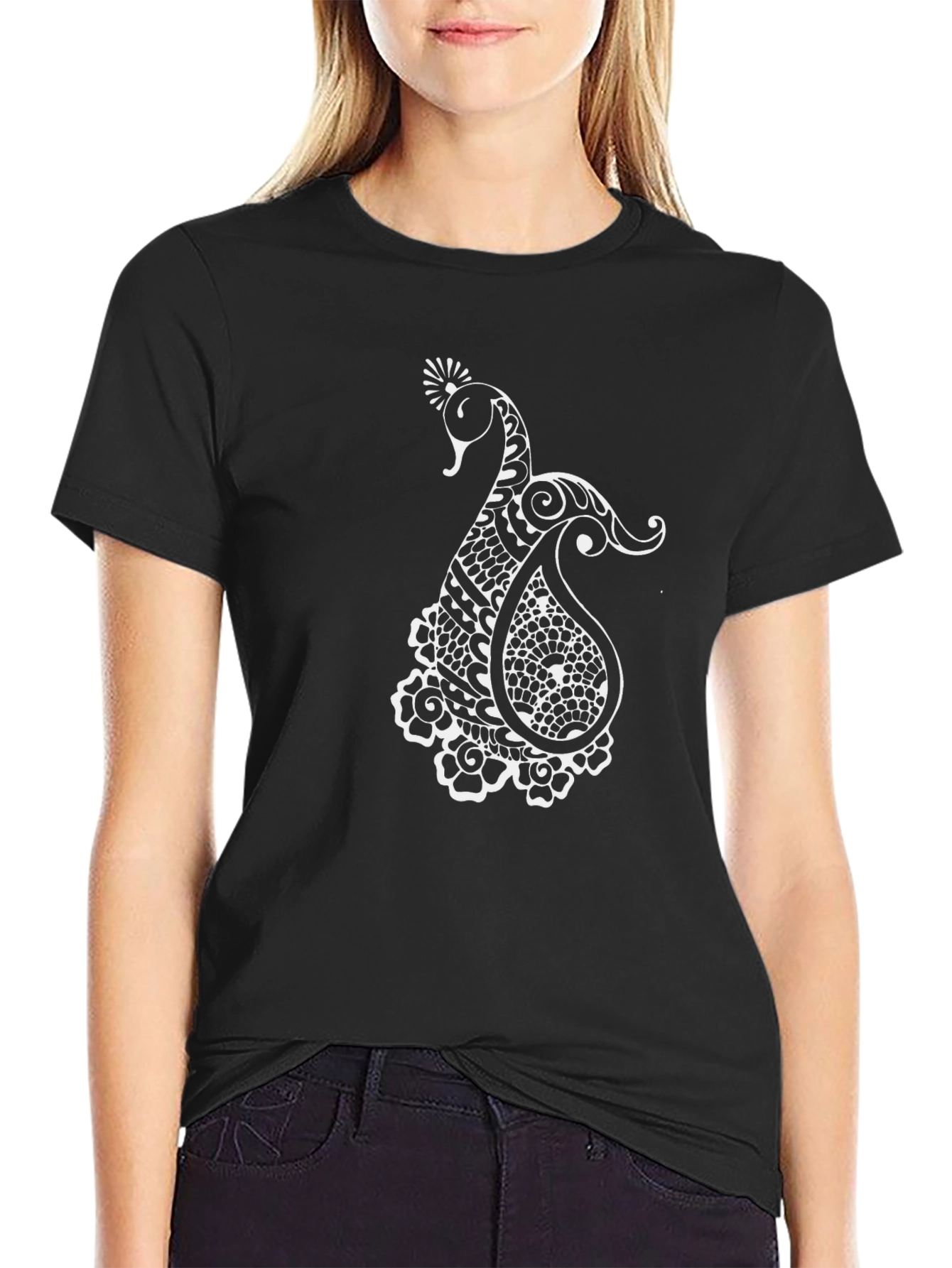 Mens Black T-Shirt with Elegant Peacock Design