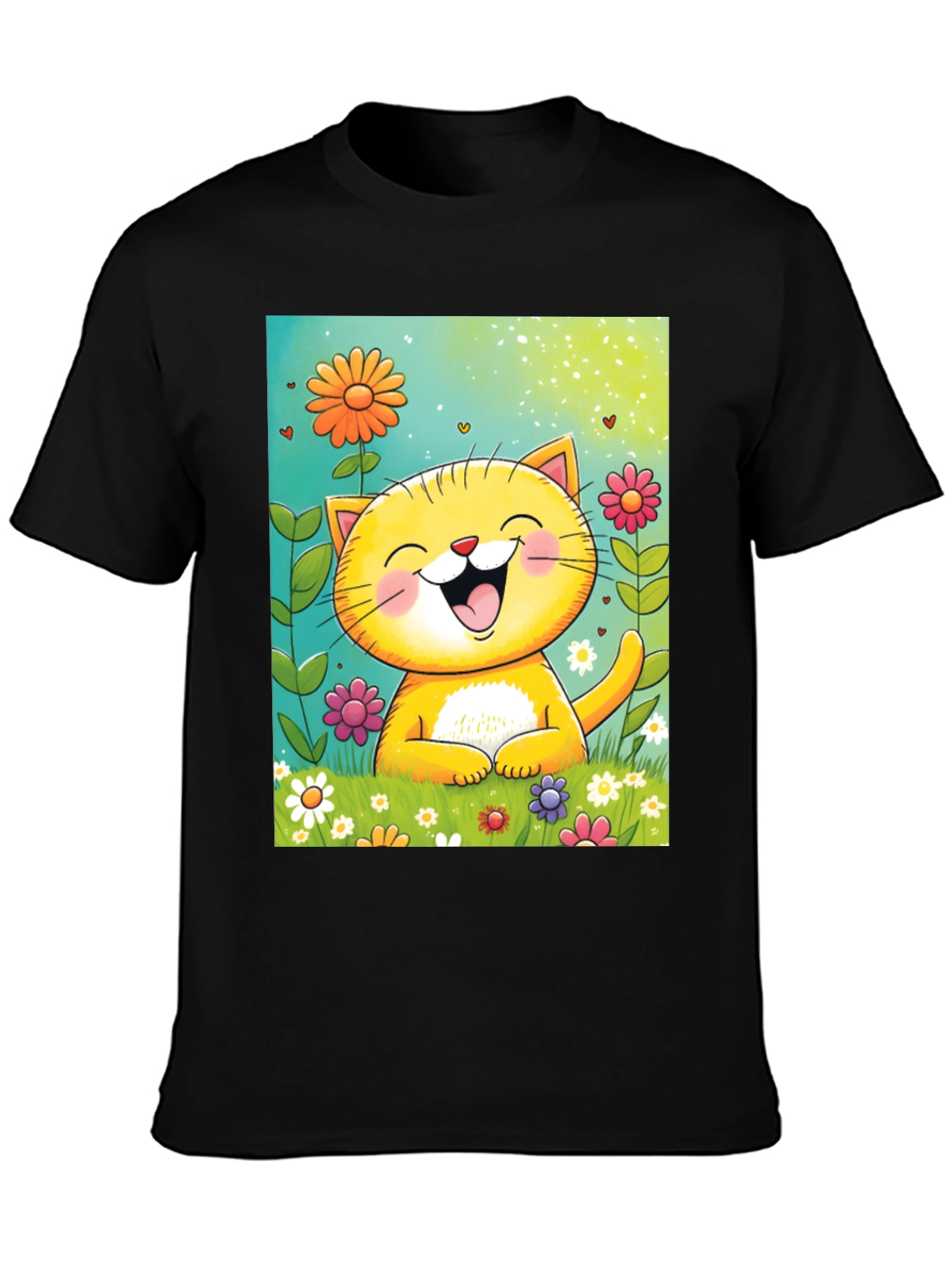 Happy Cat Floral T-Shirt - Cute Cartoon Tee