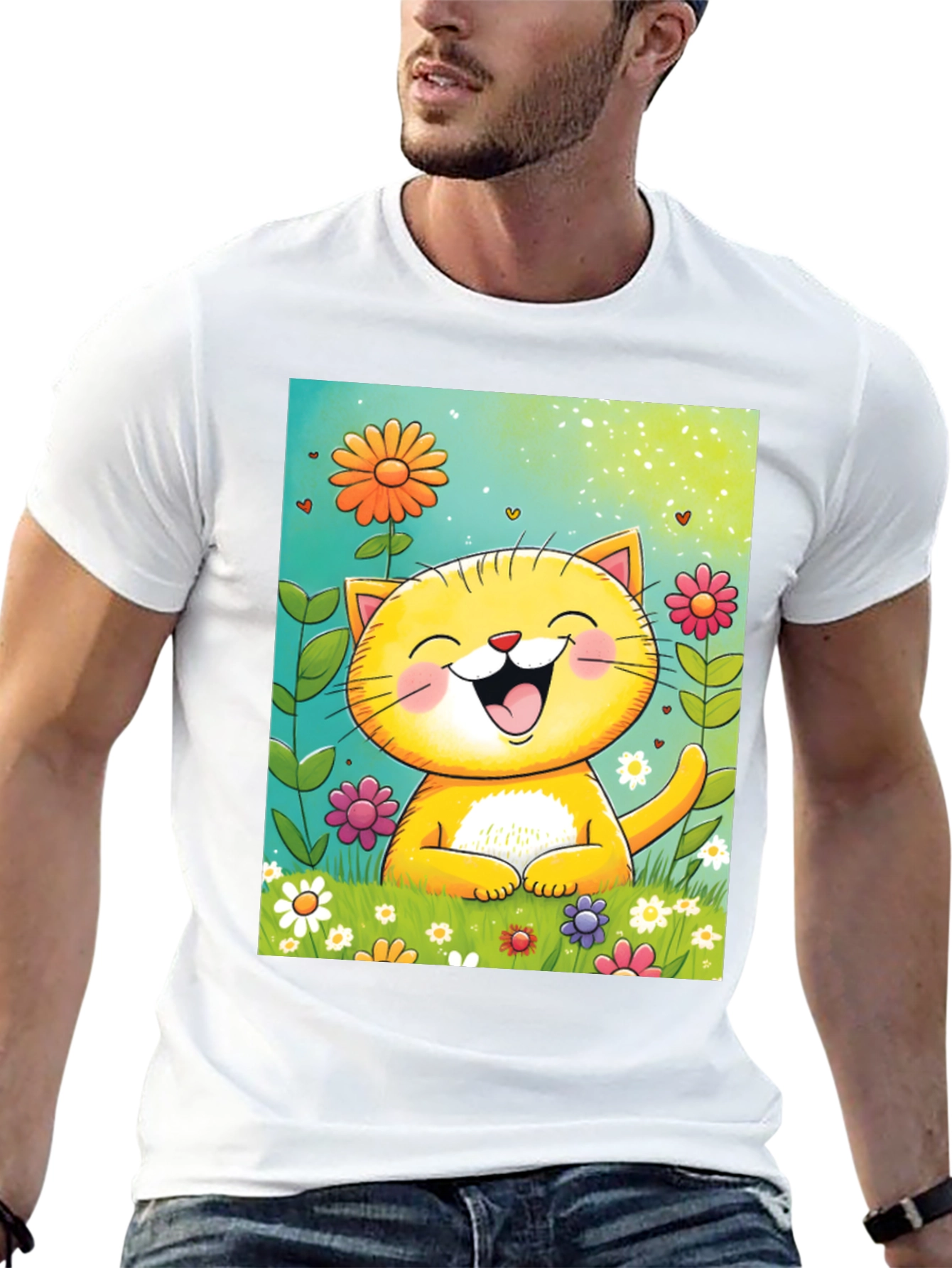 Happy Cat Floral T-Shirt - Cute Cartoon Tee