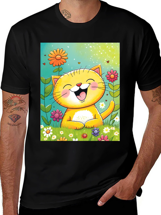 Happy Cat Floral T-Shirt - Cute Cartoon Tee