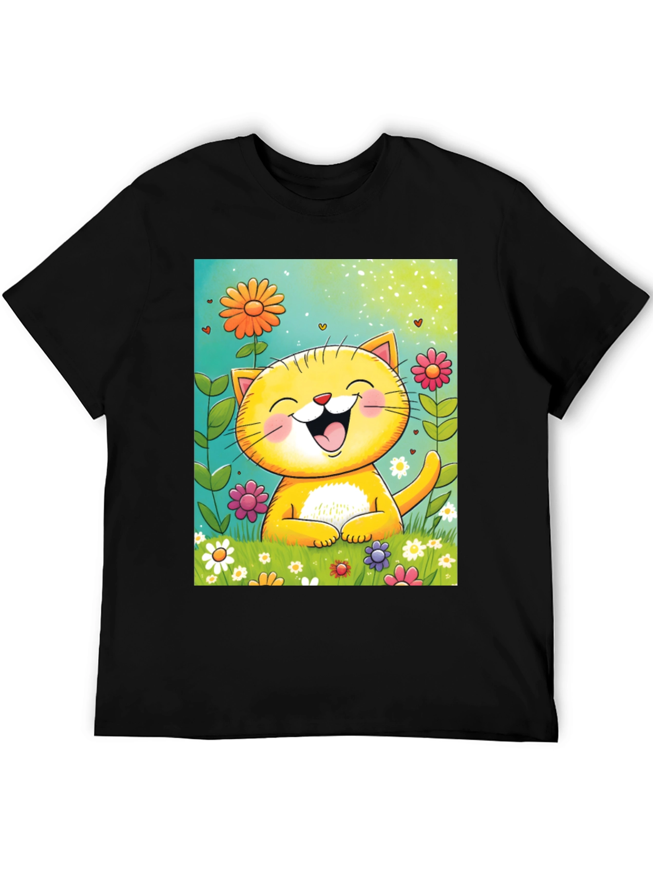 Happy Cat Floral T-Shirt - Cute Cartoon Tee