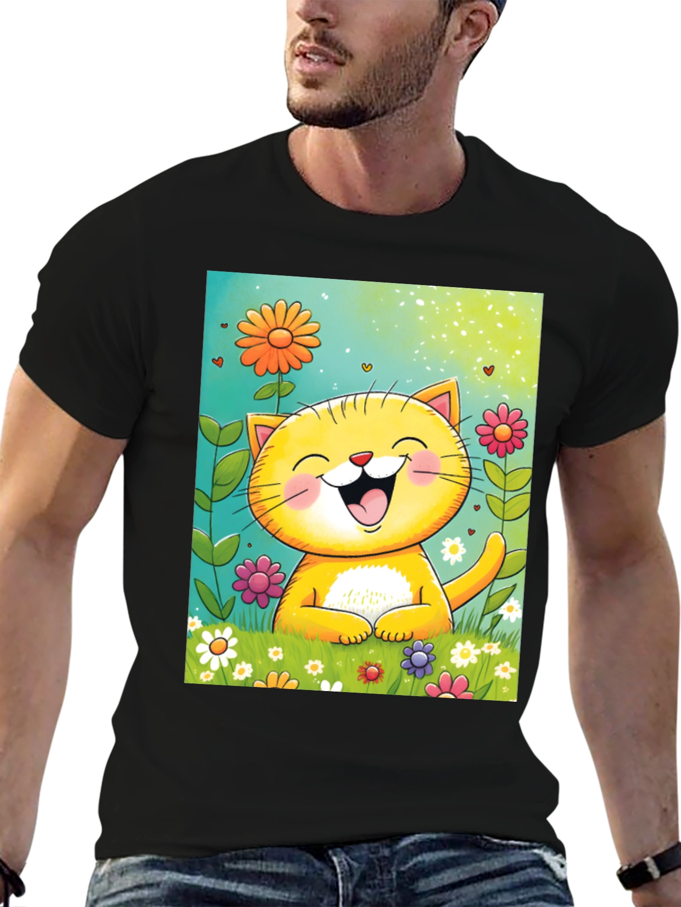 Happy Cat Floral T-Shirt - Cute Cartoon Tee