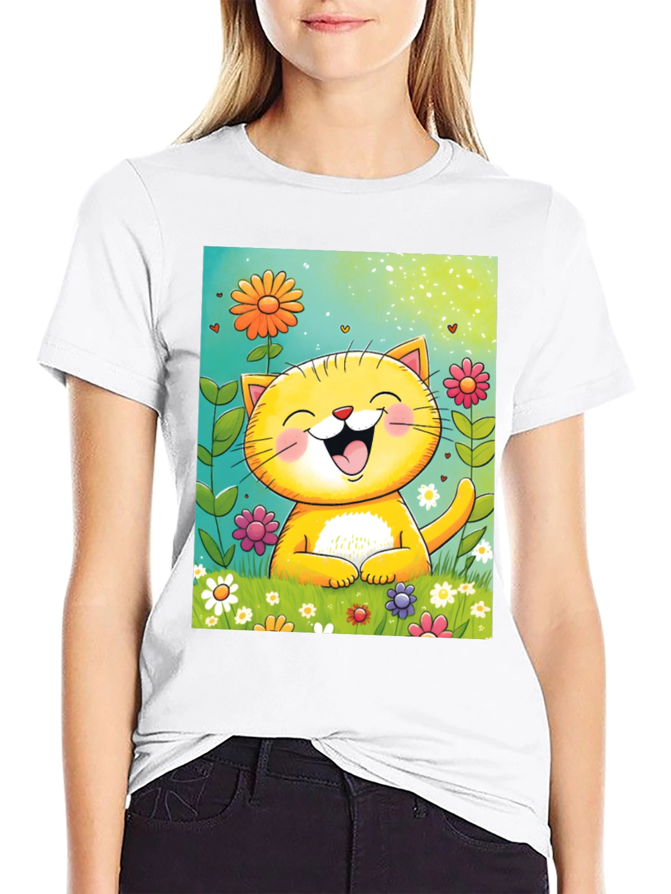 Happy Cat Floral T-Shirt - Cute Cartoon Tee
