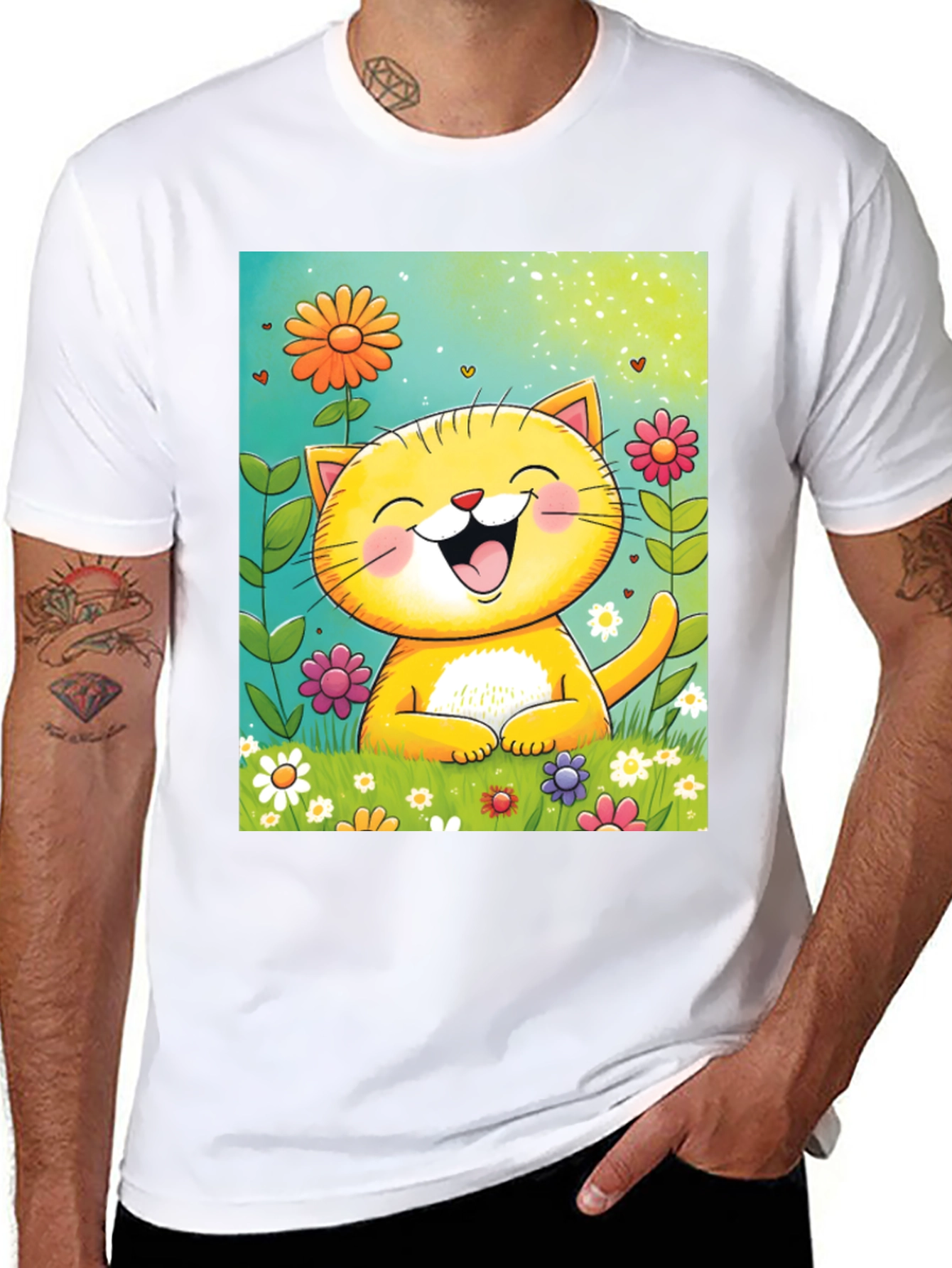 Happy Cat Floral T-Shirt - Cute Cartoon Tee