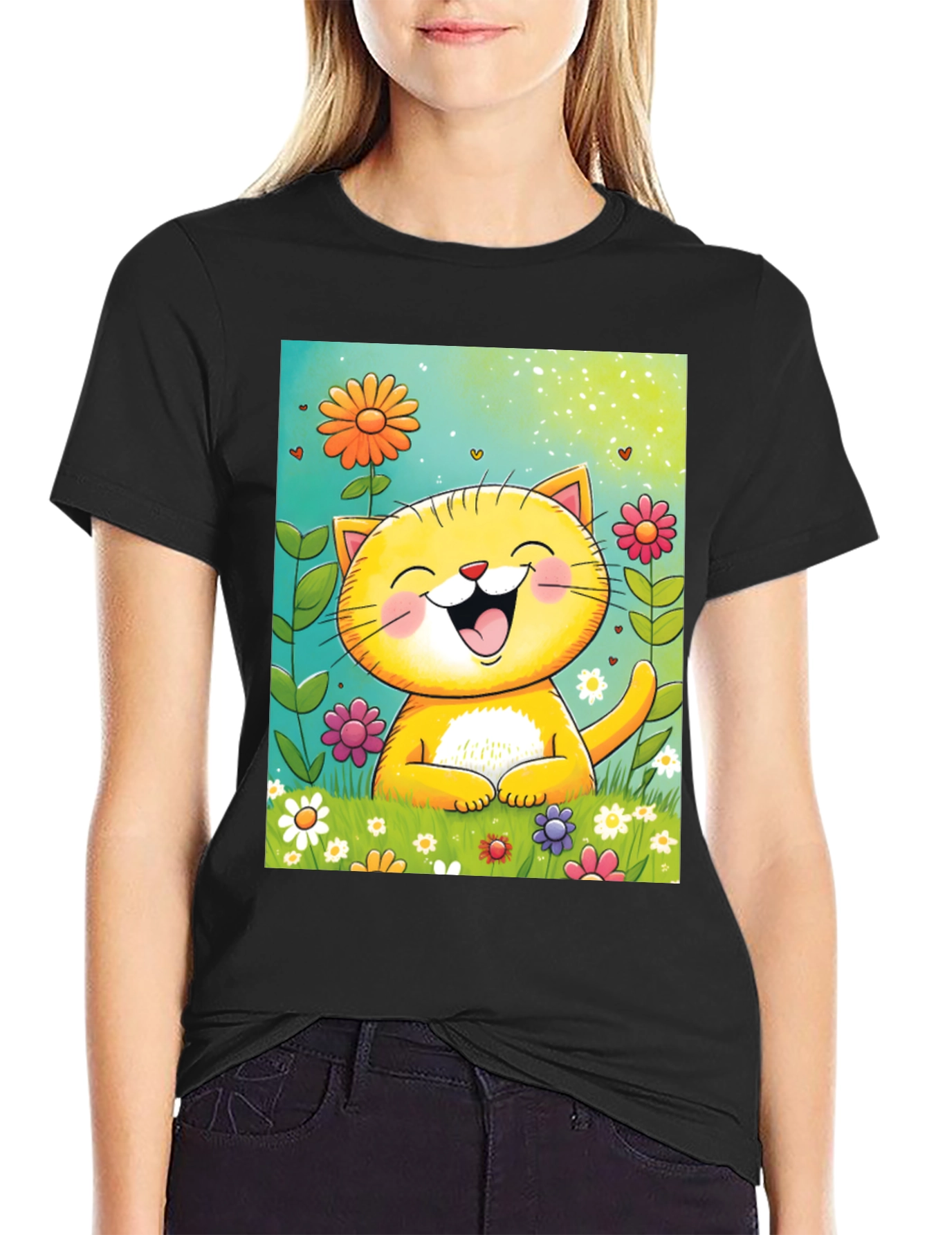 Happy Cat Floral T-Shirt - Cute Cartoon Tee