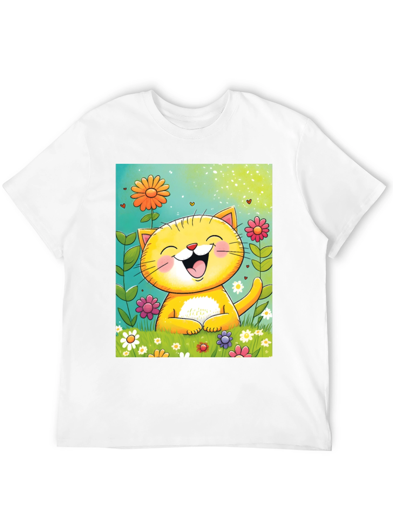 Happy Cat Floral T-Shirt - Cute Cartoon Tee