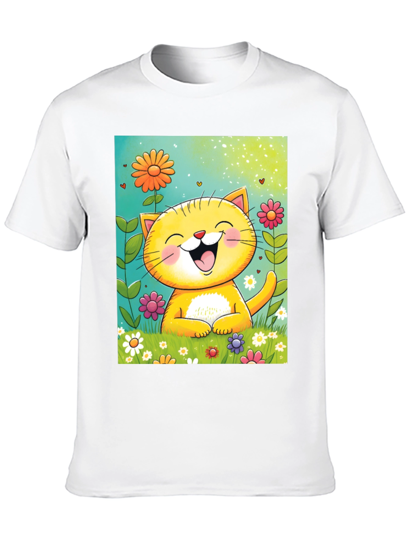 Happy Cat Floral T-Shirt - Cute Cartoon Tee