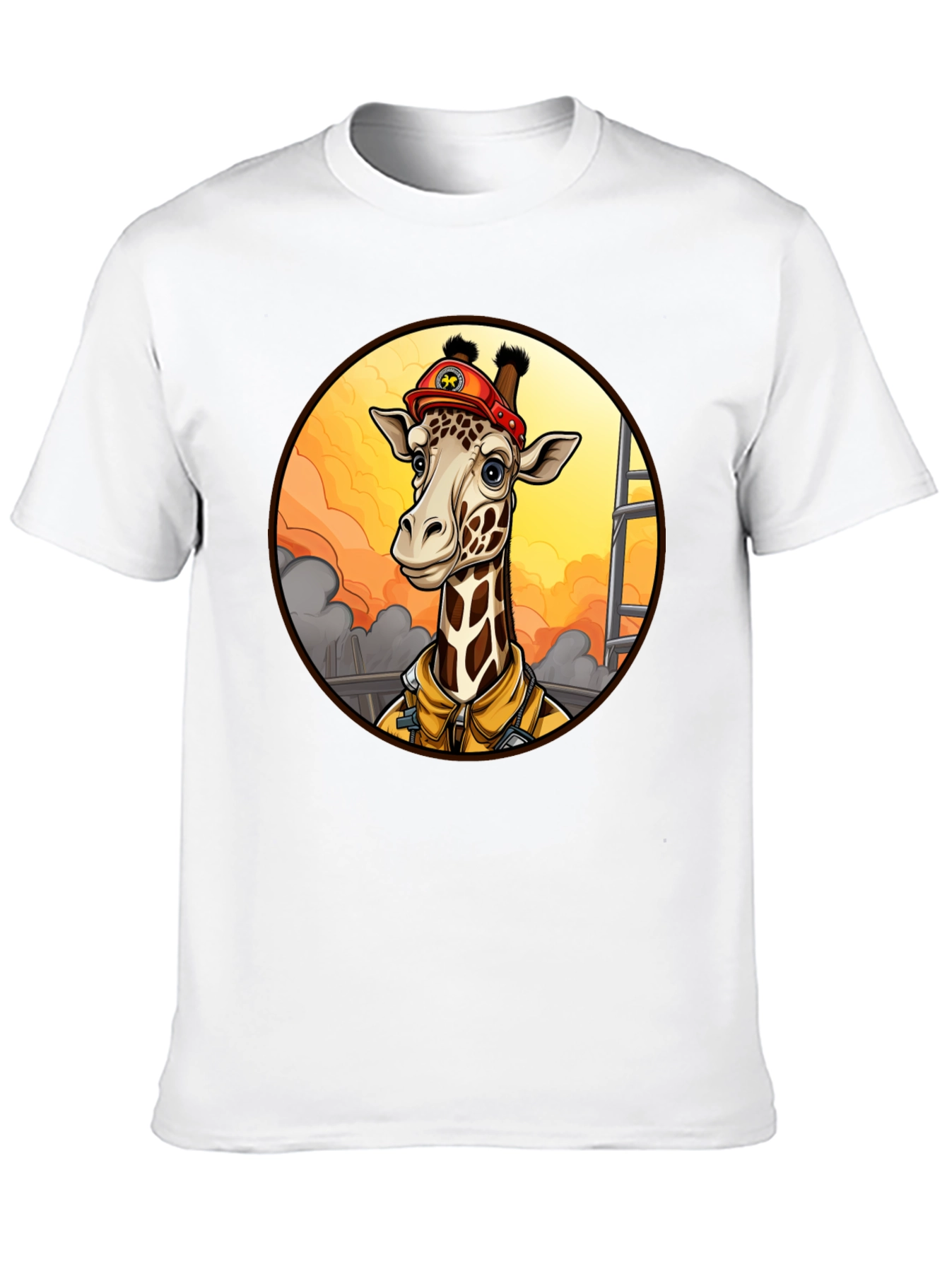 Giraffe Firefighter T-Shirt - Unique Cartoon Design